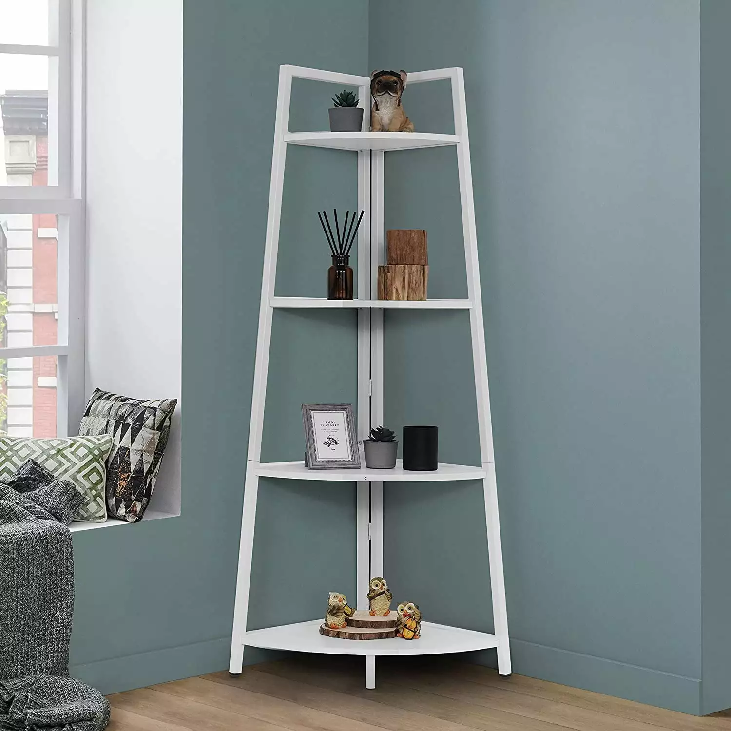 Tall Corner Shelf Stand 4-Tier Display Shelves Ladder Corner Wood Storage Plant Bookshelf Metal Frame Versatile Shelving U...