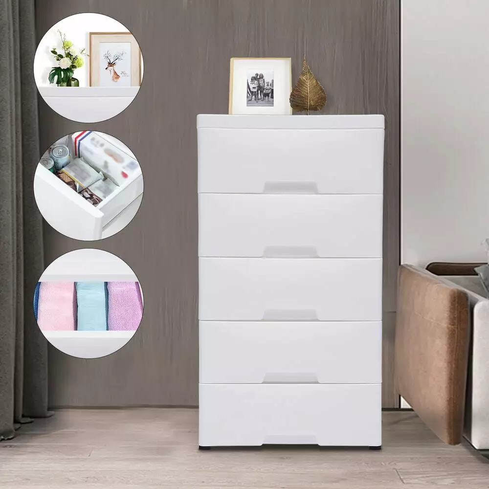 5-Drawer Plastic Stackable Dresser - White Clothes Storage Tower Durable Interlocking Drawers BloomVivid