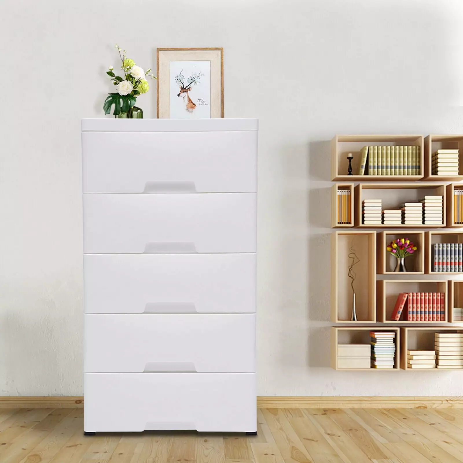 White 5-Drawer Modern Stackable Plastic Storage Cabinet Clothes Organization Flkoendmall