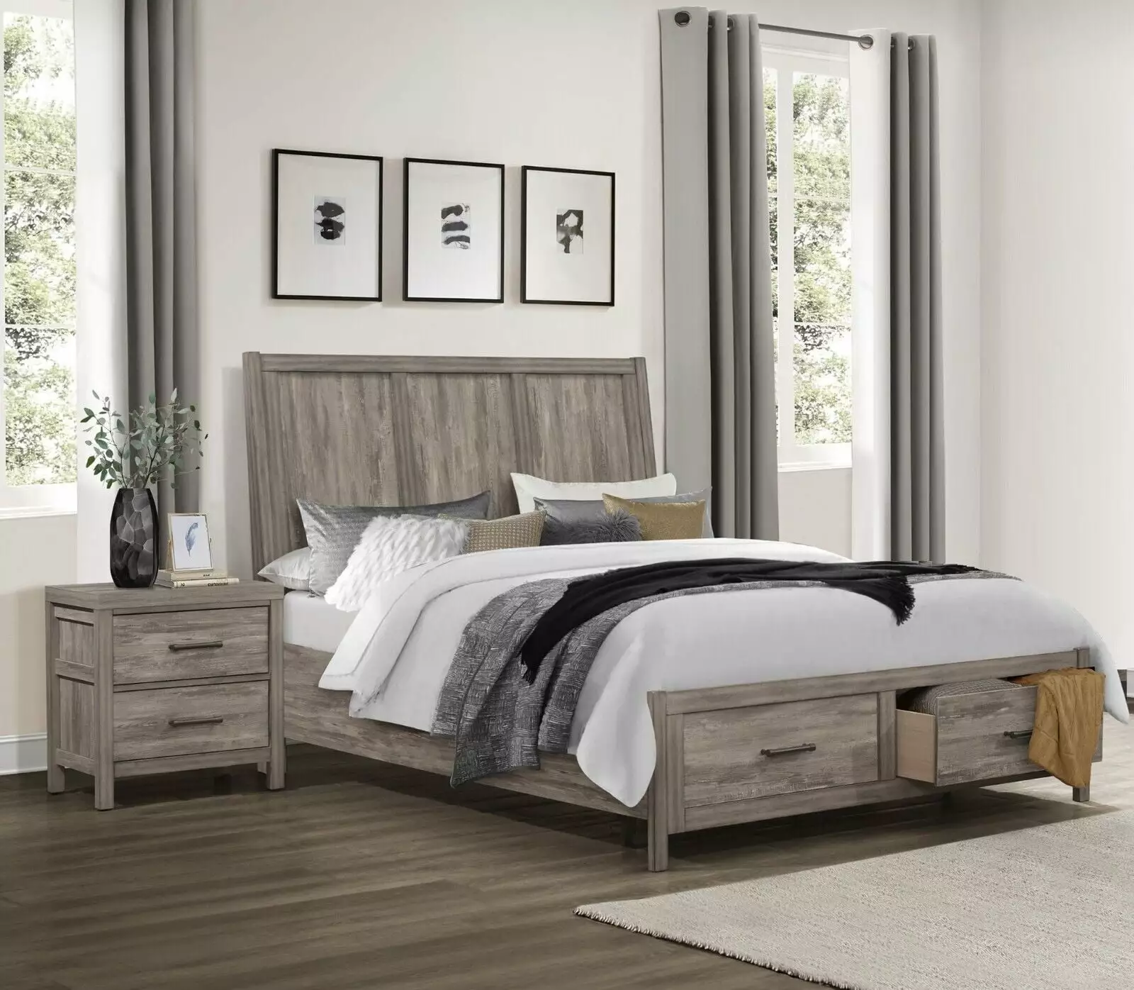 Weathered Gray Finish 3pc Bedroom Queen Platform Bed Drawers Two Nightstands Set Rustic Style Wooden Bedroom Furniture Eso...