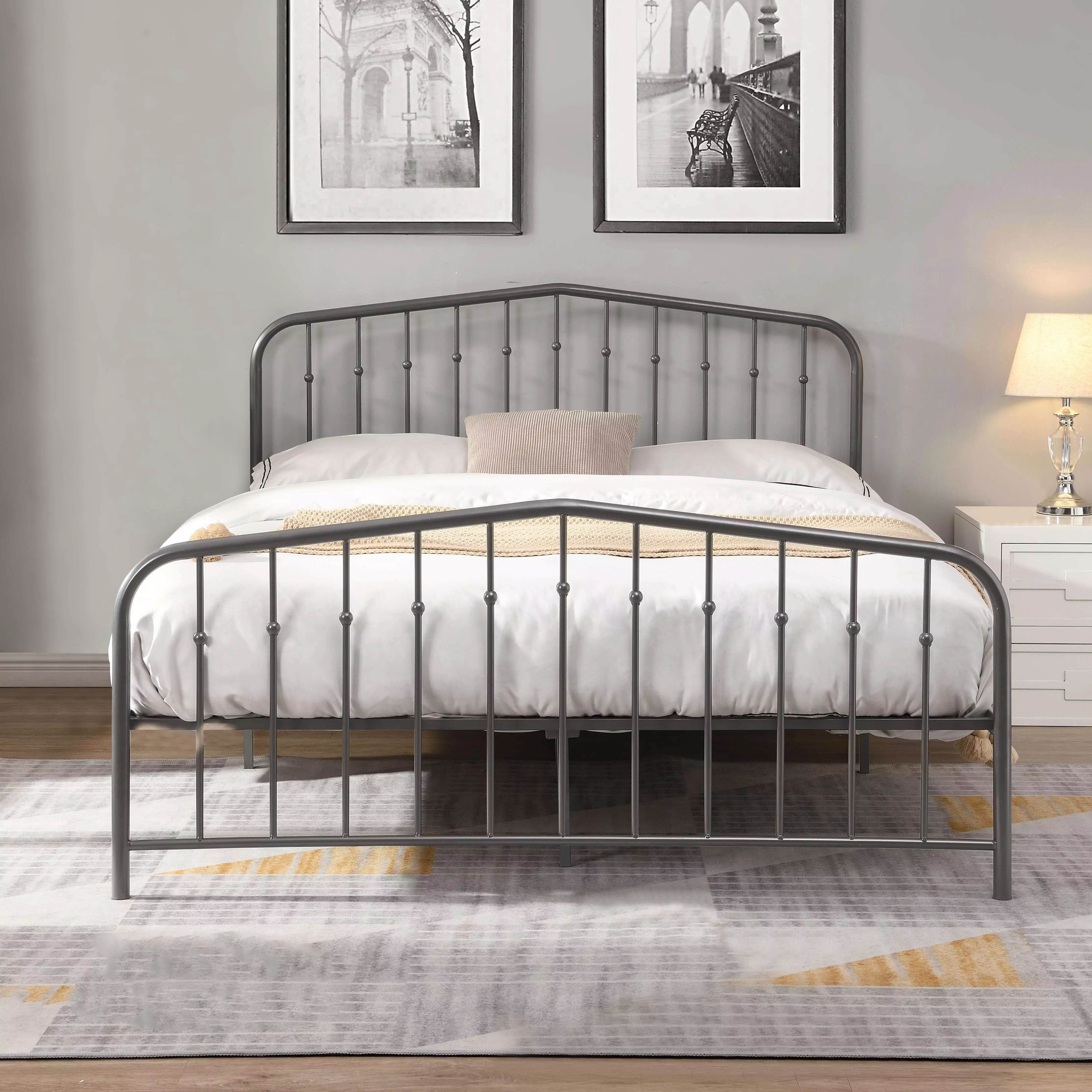 Dark Gray Queen Metal Platform Bed Fully Slatted Base - Modern Bed Frame Milton Greens Stars