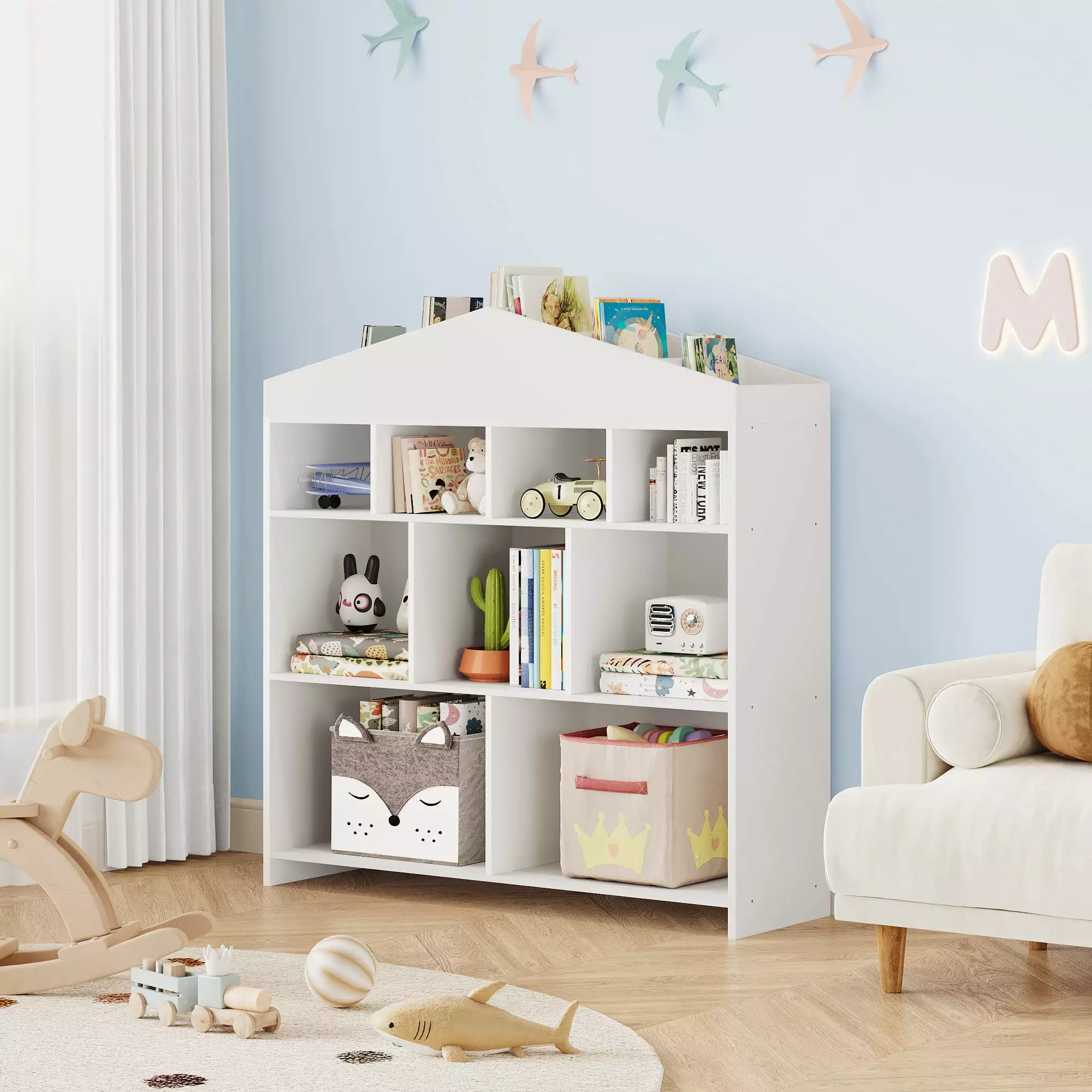 Toy Storage Organizer 9-Cubby Kids Bookshelf 40.7in Width Bookcase Playhouse Cabinet Hupicker