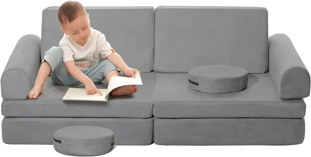 Kids Couch 8-Piece Toddler Play Couch Floor Sofa Imaginative Furniture Play Set Bedroom Playroom Gray SNYNUXX