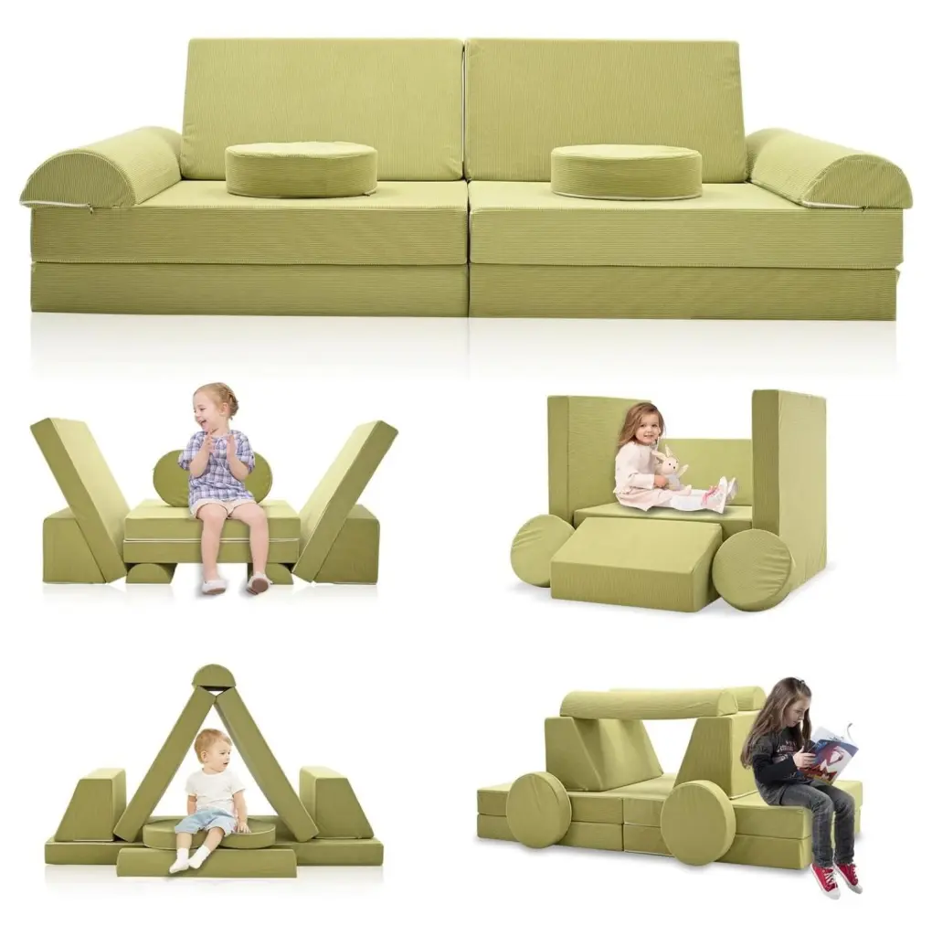 ZHAOTONG Corduroy Kids Play Couch 10pcs Large Modular Sectional Toddler Couch Bedroom Playroom Sage Green