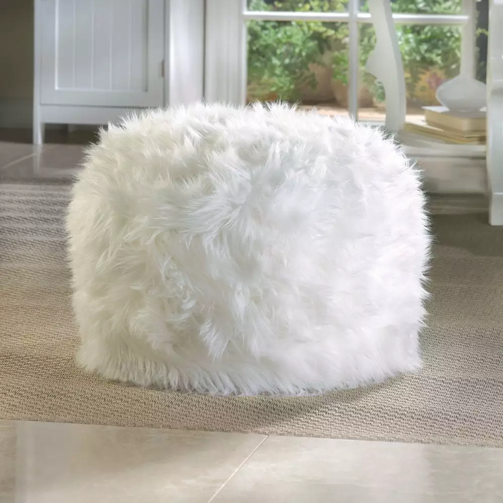 Fuzzy White Ottoman Pouf Soft Plush Footrest Accent Seat Living Room Bedroom Nursery Accent Plus