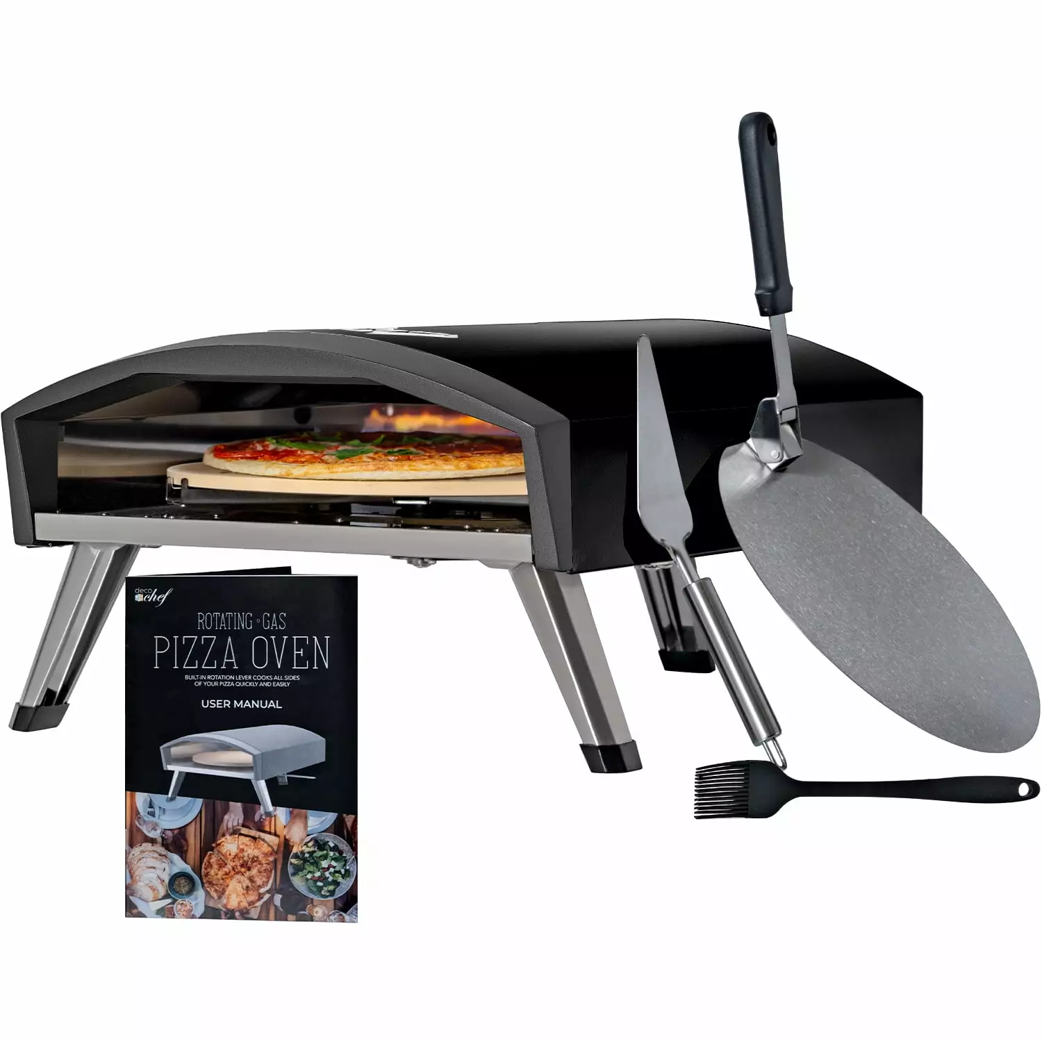 Deco Chef Outdoor Gas Pizza Oven Travel-friendly Collapsable Design Hassle-Free Self-Rotating Baking Stone Black