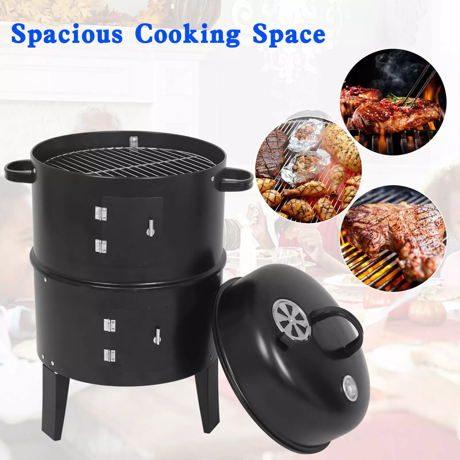 Detachable 3--1 Vertical Charcoal Smoker Travel-friendly BBQ Smoker Grill Camping Captain Express Trading Inc