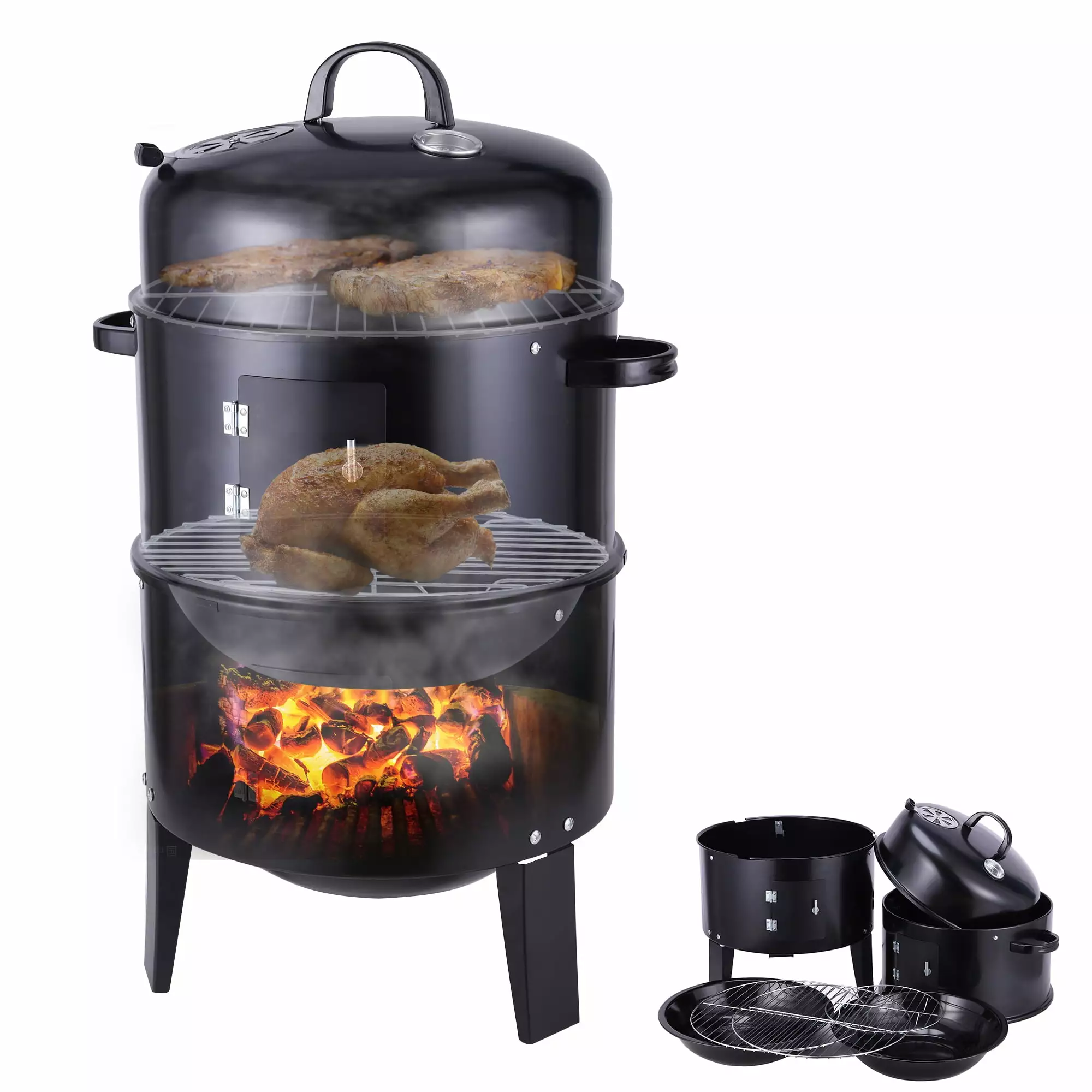 FOCUSSEXY 3--1 Vertical Charcoal Smoker Travel-friendly BBQ Smoker Grill Detachable 2 Layer