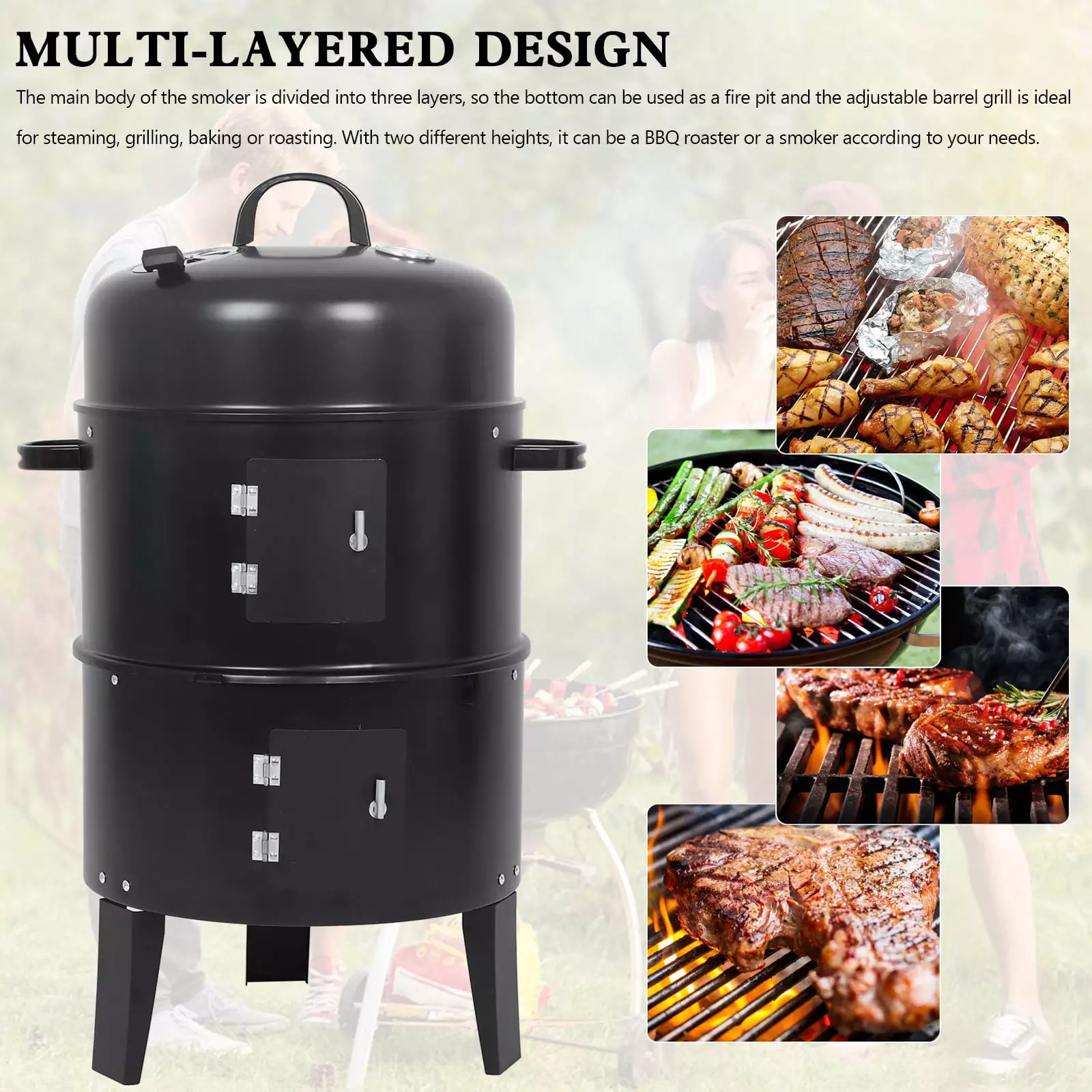 Detachable 3--1 Vertical Charcoal Smoker Travel-friendly BBQ Smoker Grill Picnics Gnome
