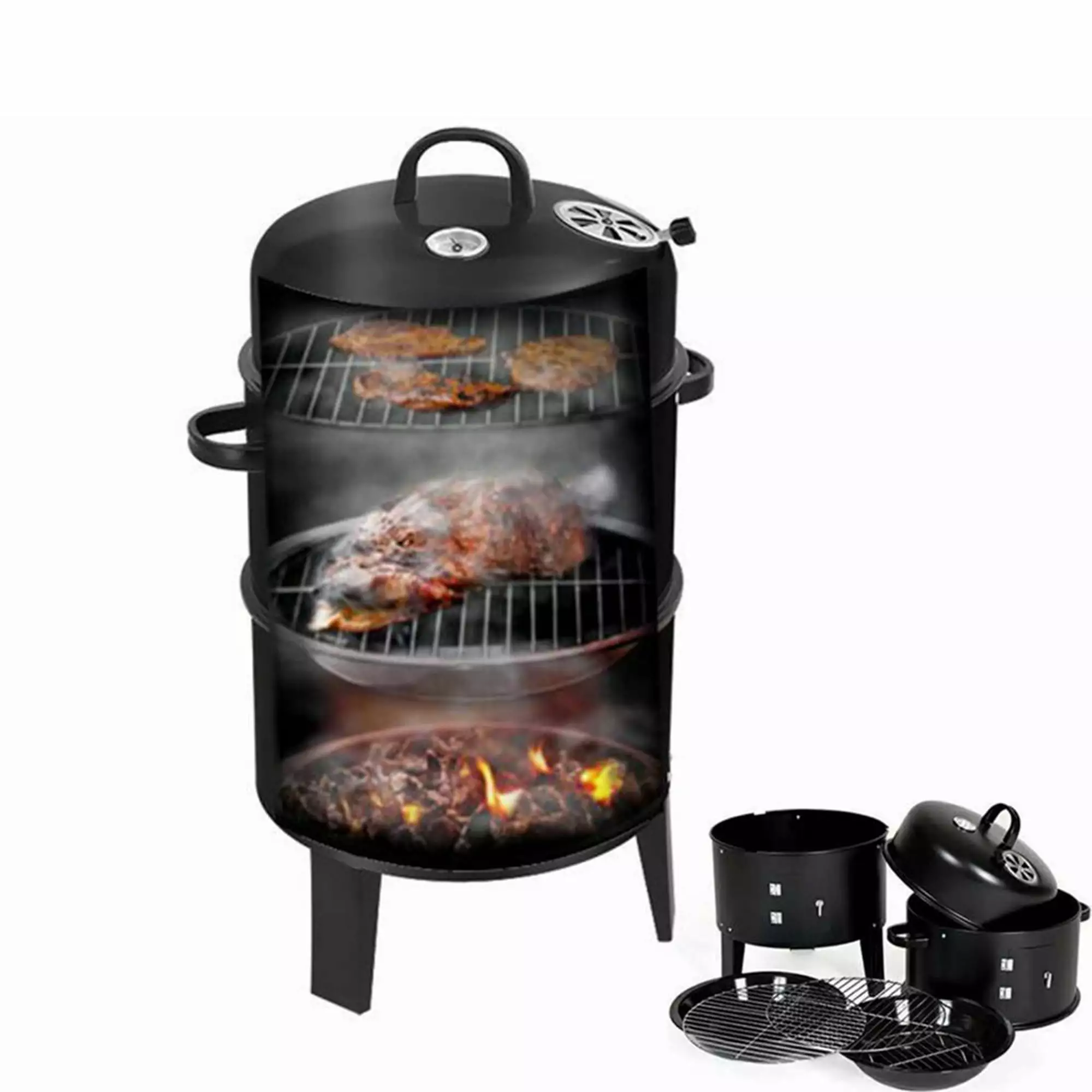 LELINTA 3 1 Vertical Charcoal Smoker Separable BBQ Smoker Grill Combo Built- Thermometer