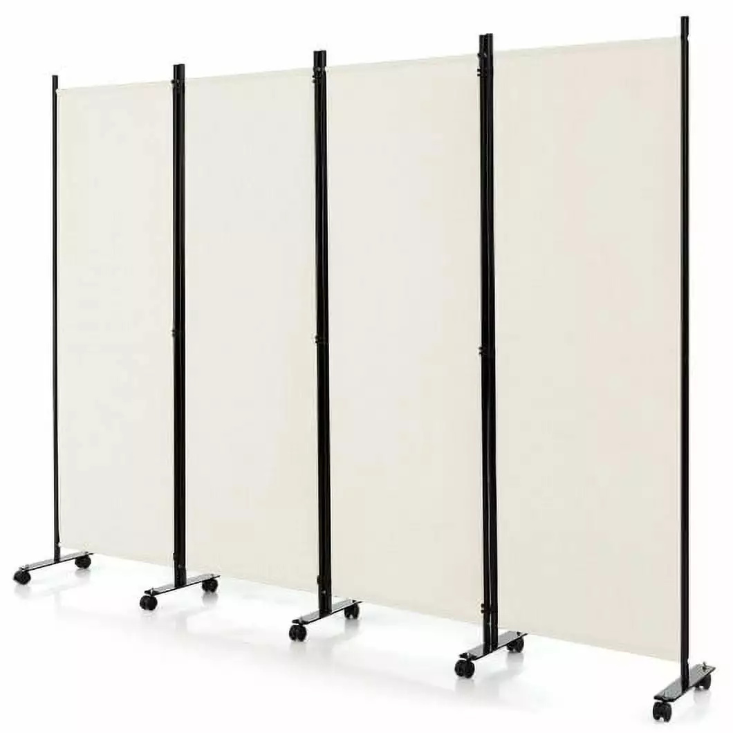 4 Panel Folding Room Divider 6 Feet Rolling Privacy Screen Lockable Wheels White CostwayINC