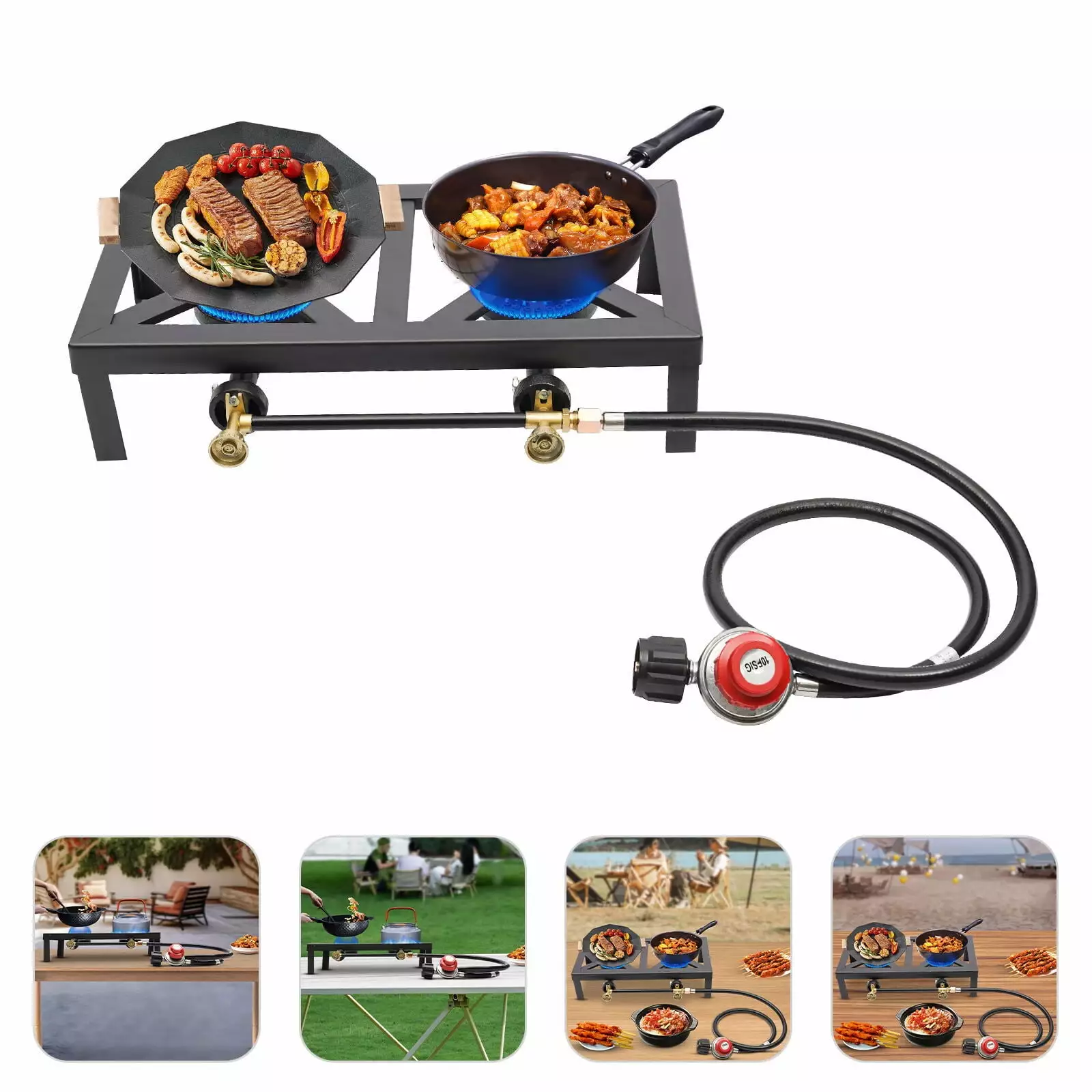 YIYIBYUS Portable Double Burner Outdoor BBQ Gas Stove Adjustable Regulator Hose