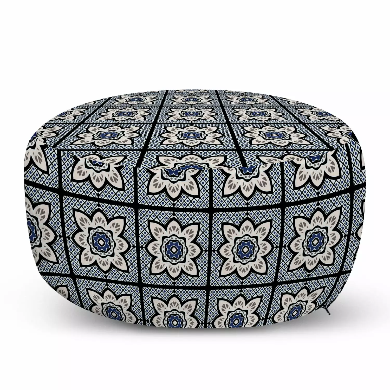 Ambesonne Moroccan Floral Pouf Cover 30x17.3 Eggshell Night Blue - Oriental Design