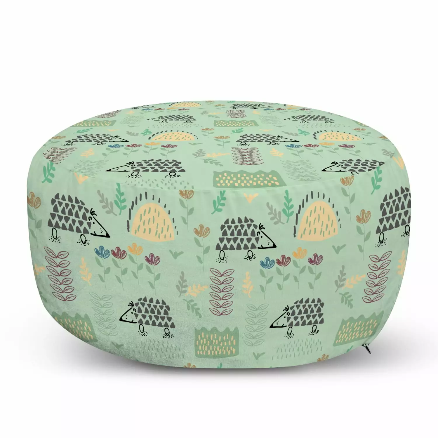 Cartoon Pouf Cover Zipper Hedgehog Forest Herbs Leaves Flowers Pastel Scandinavian Doodle 30 W X 17.3 L Mint Green Grey Pe...