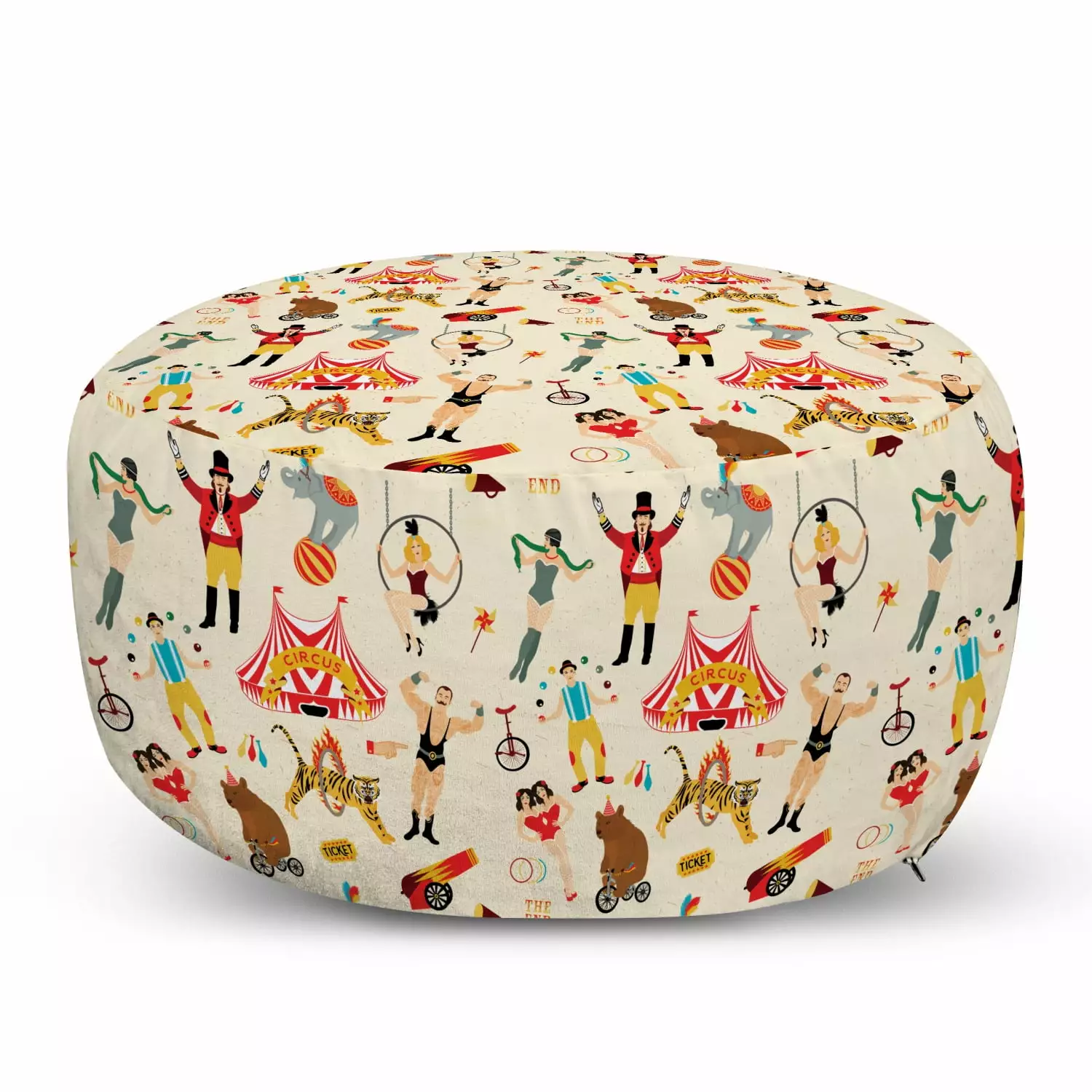 Circus Pouf Cover Zipper Colorful Retro Circus Bear Riding Tricycle Siamese Girls Entertainer 30 W X 17.3 L Multicolor Amb...