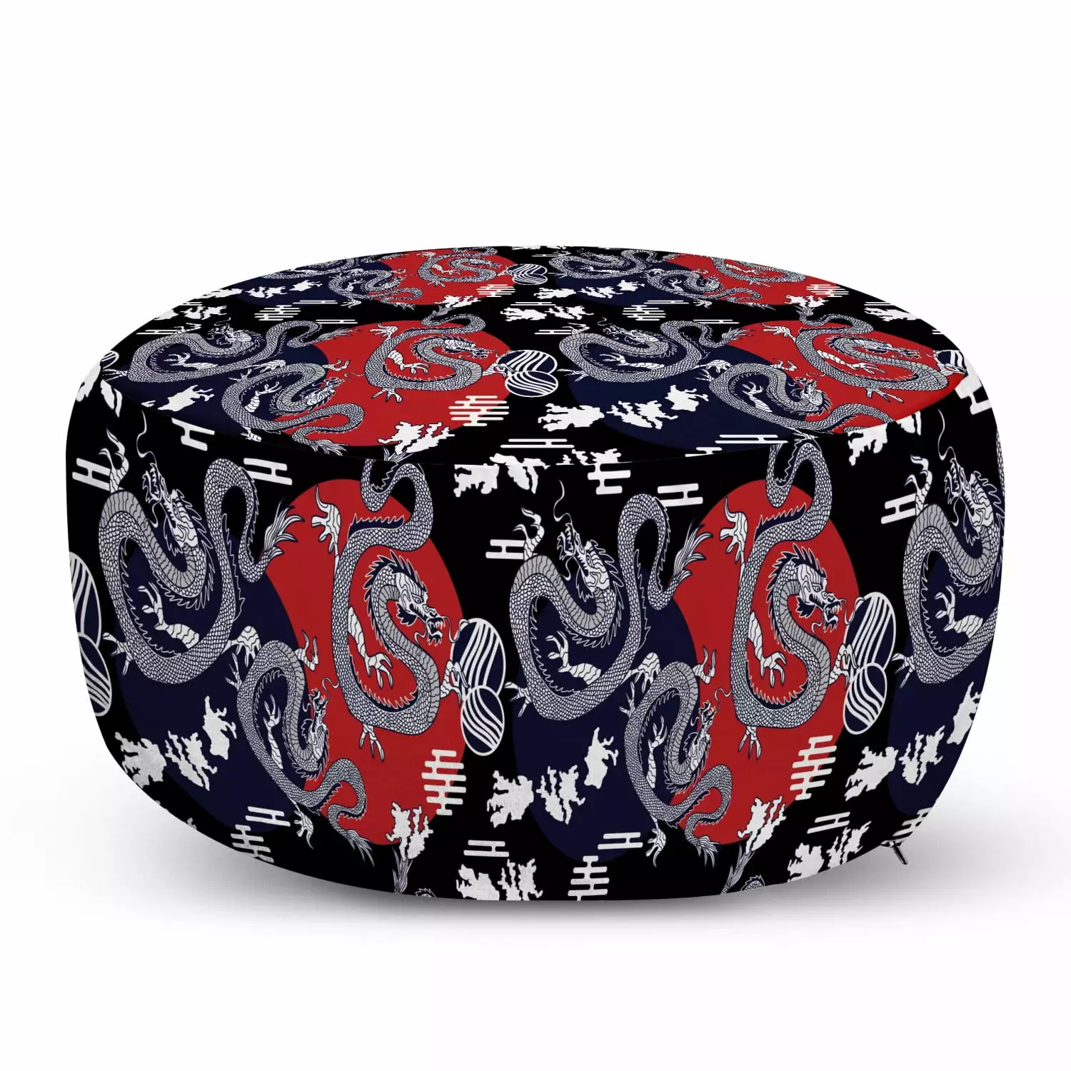 Dragon Pouf Cover Zipper Japanese Art Pattern Motivated Graphic Curving Tails Soft Decorative Fabric Unstuffed Case 30 W X...