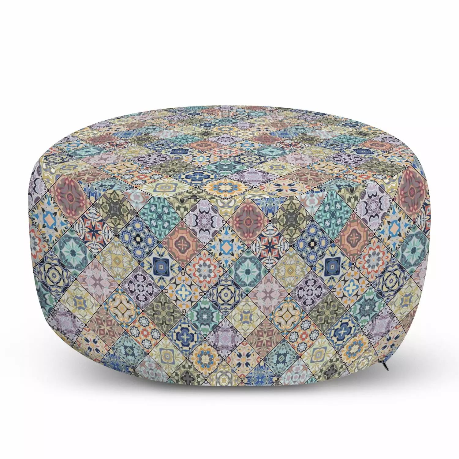 Geometric Pouf Cover Zipper Pastel Oriental Mosaic Tile Pattern 30x17.3 Inch Ambesonne