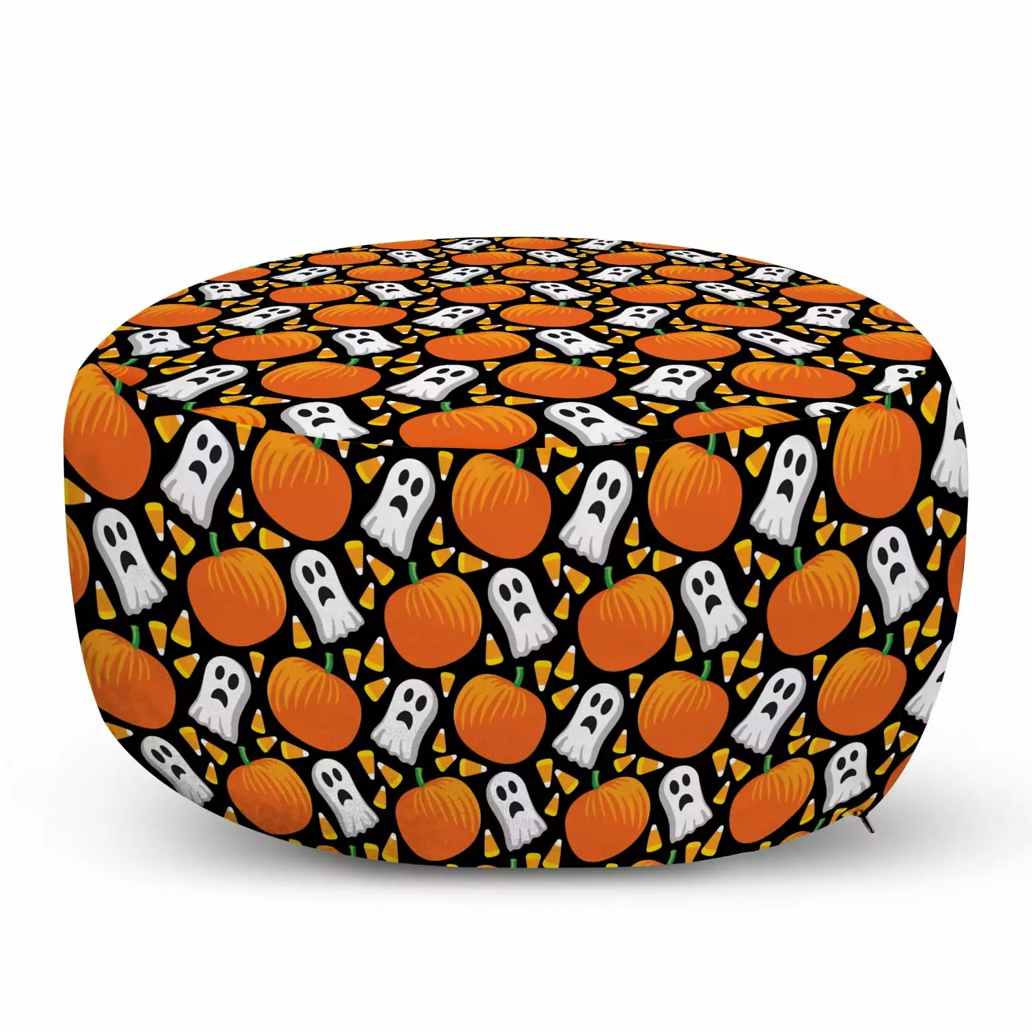 Halloween Pouf Cover Zipper Spooky Ghost and Pumpkins Marigold Fern Green Ottomans Ambesonne
