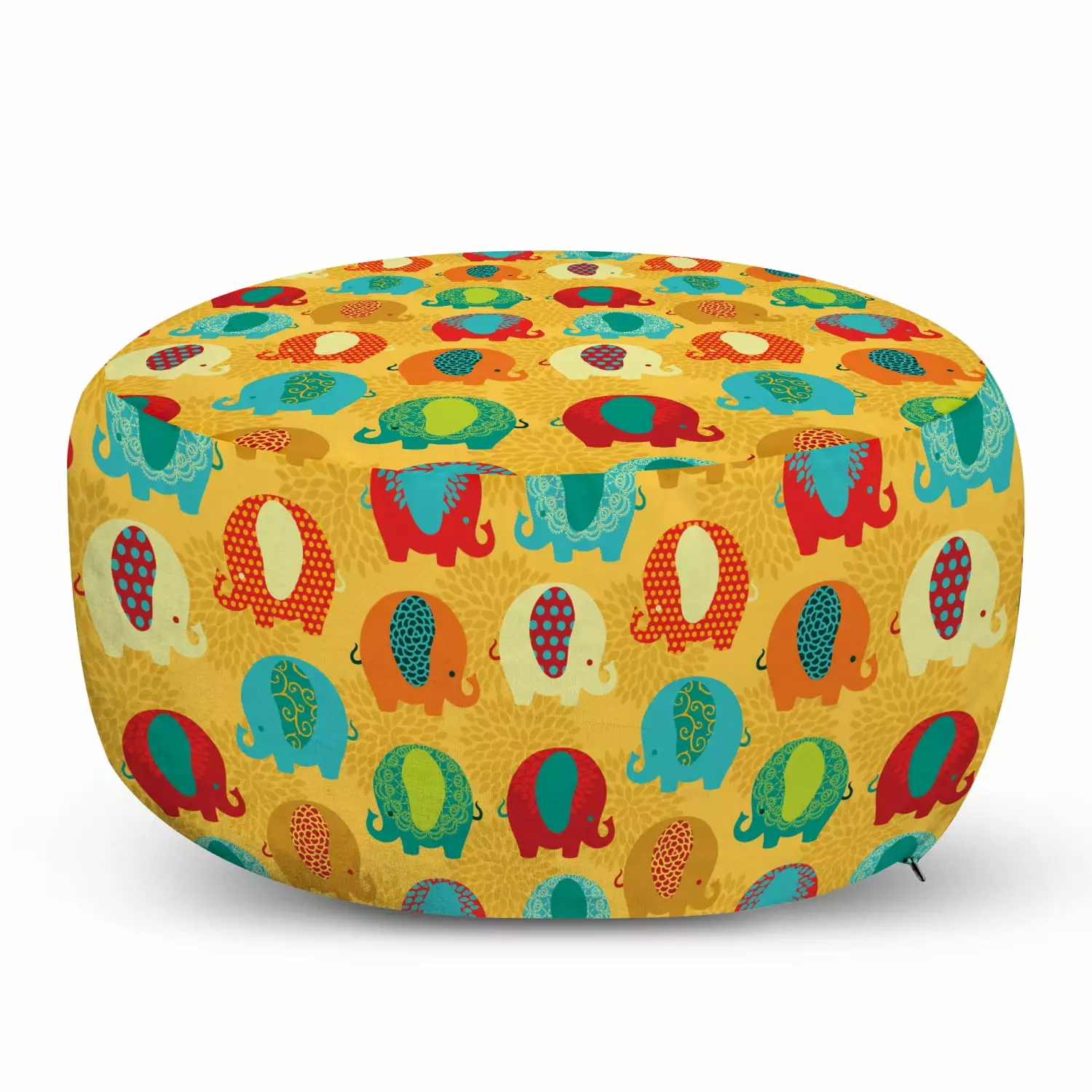 Jungle Pouf Cover Zipper Elephants Ornate Details Cartoon Jungle Mammal Thailand Zoo Animal Ambesonne