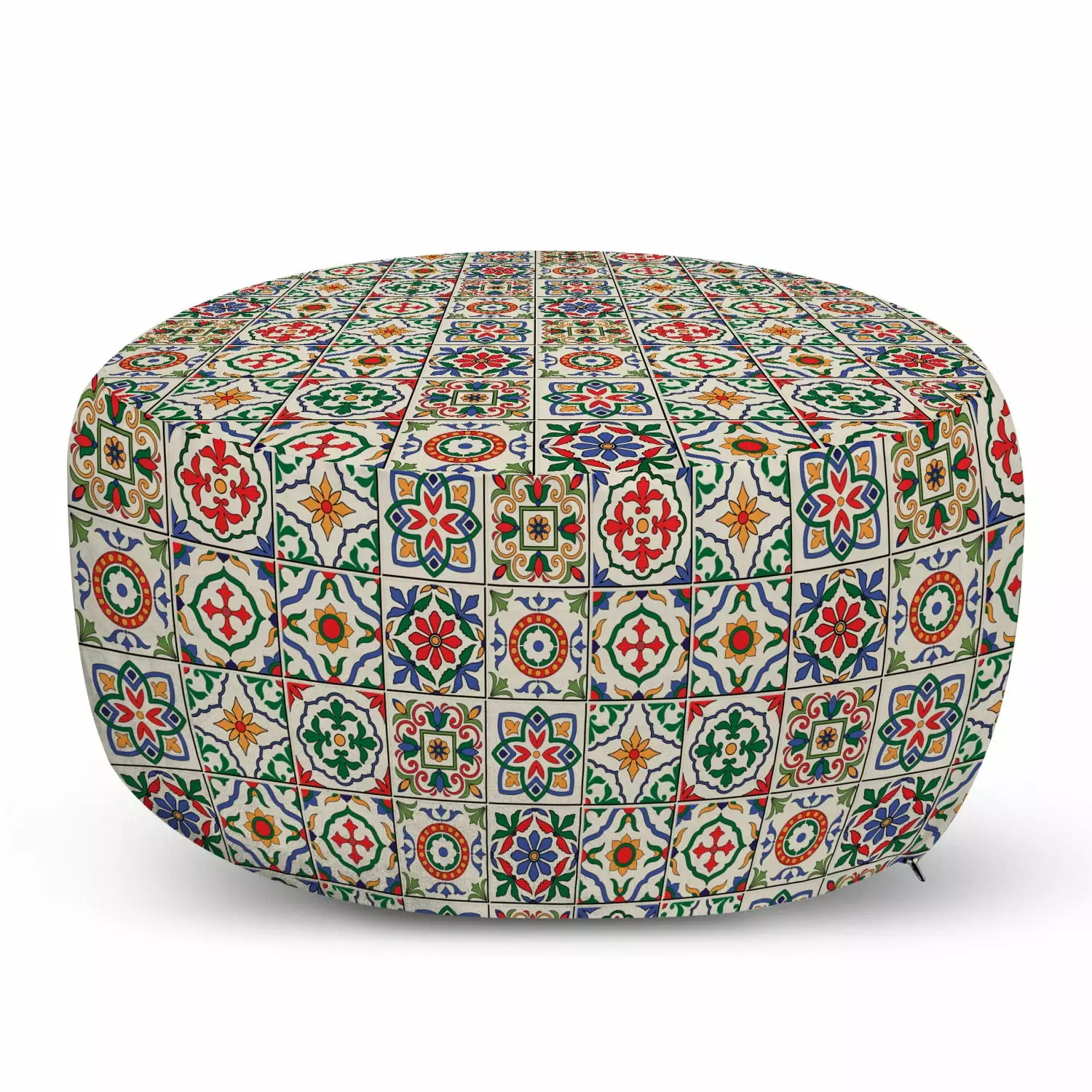 Moroccan Pouf Cover Zipper Colorful Azulejo Pattern Portuguese Ornamental Abstract Floral Arrangements Leaves Soft Decorat...