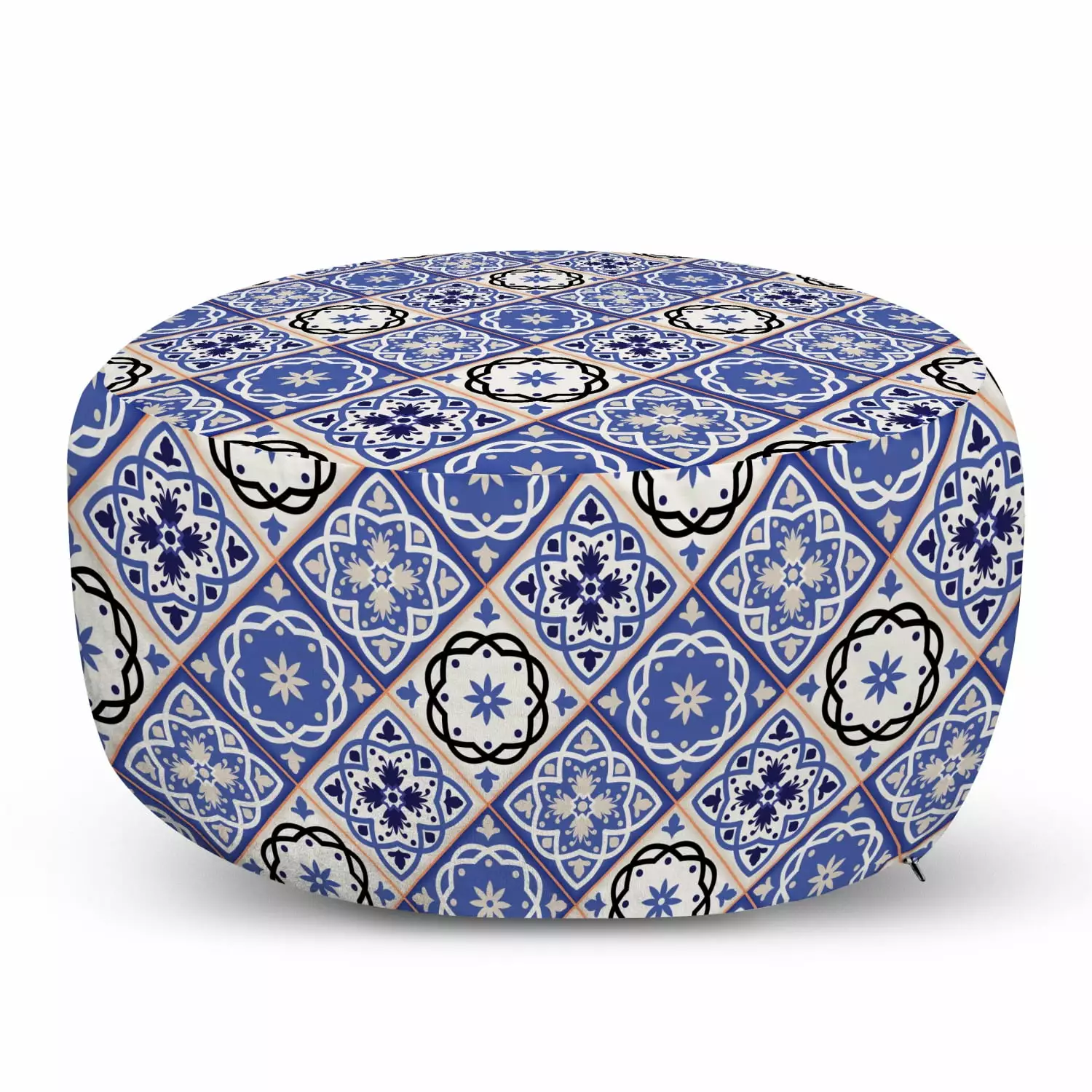 Moroccan Pouf Cover Zipper Geometric Tile Squares Azulejo Design 30x17.3 Inch Ambesonne