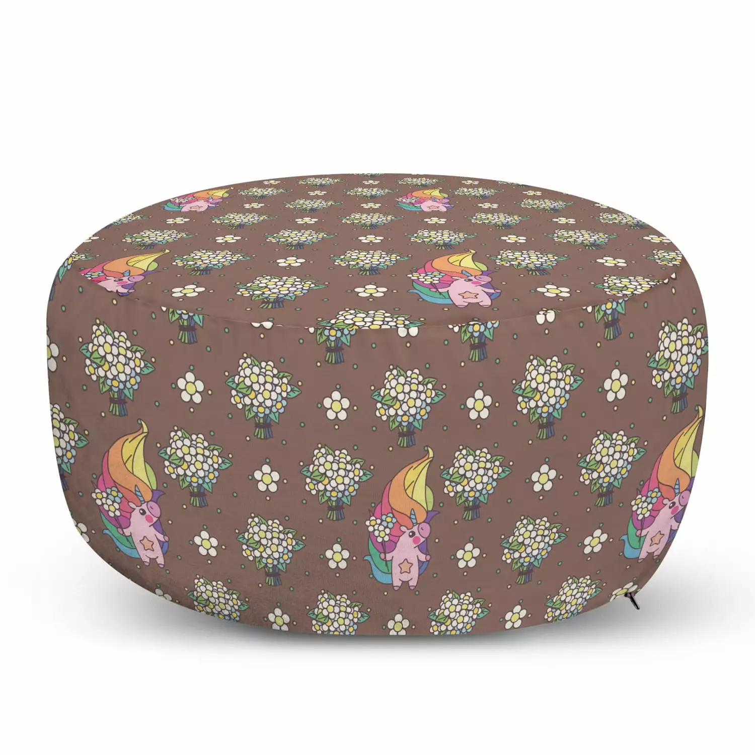 Unicorn Pouf Cover Zipper Fantasy Creature Holding Bouquet Flowers Colorful Rhythmic Illustration Soft Decorative Fabric U...