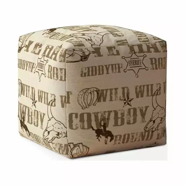 HomeRoots 17 x 17 x 1 Inch Brown Cotton Cowboy Pouf Cover Western Decor