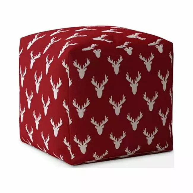 HomeRoots 17 x 17 x 1 Inch Red White Cotton Stag Pouf Cover Rustic Decor