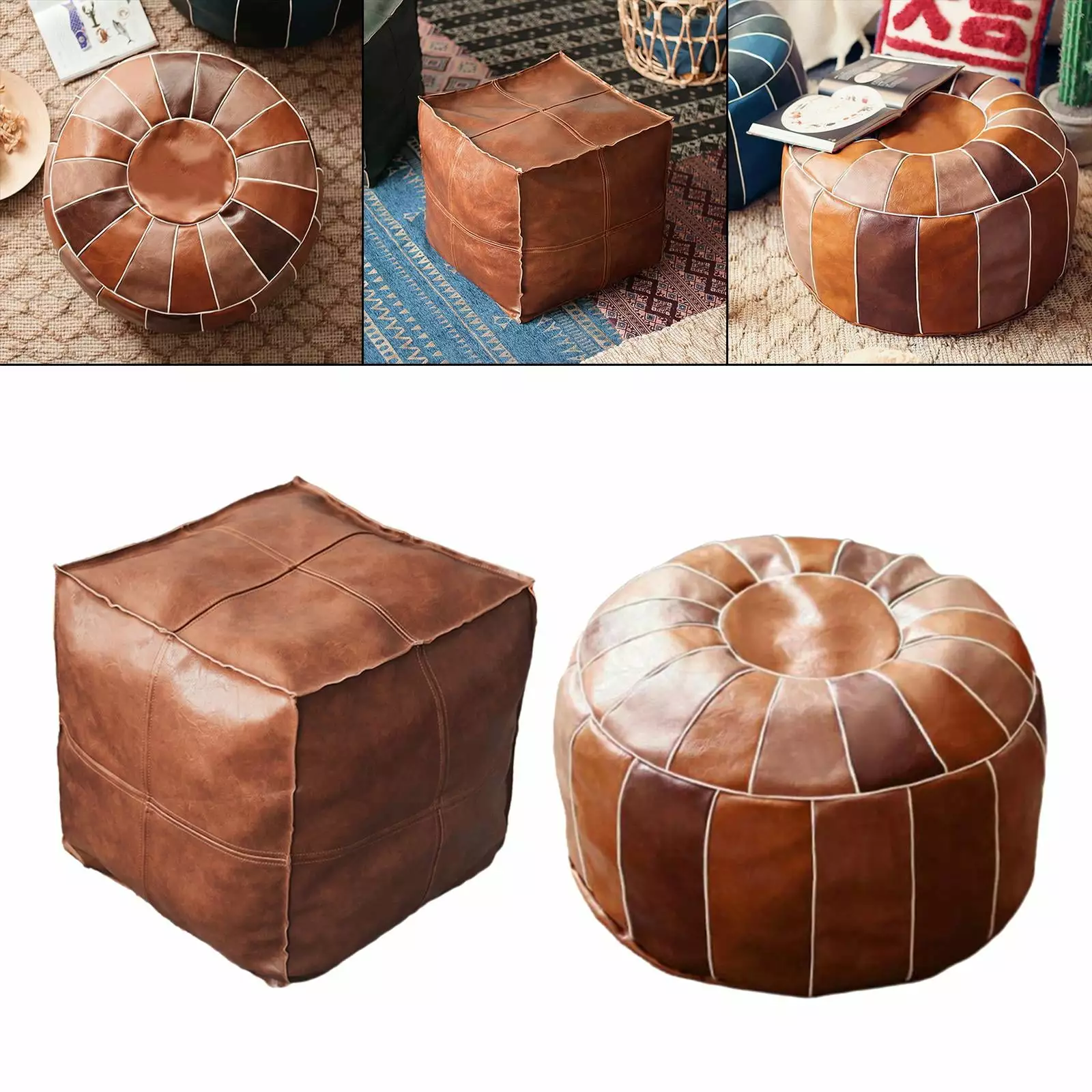 2 Pieces Boho Pouf Cover Foot Stool Storage Ottoman Floor Cushion Tachiuwa