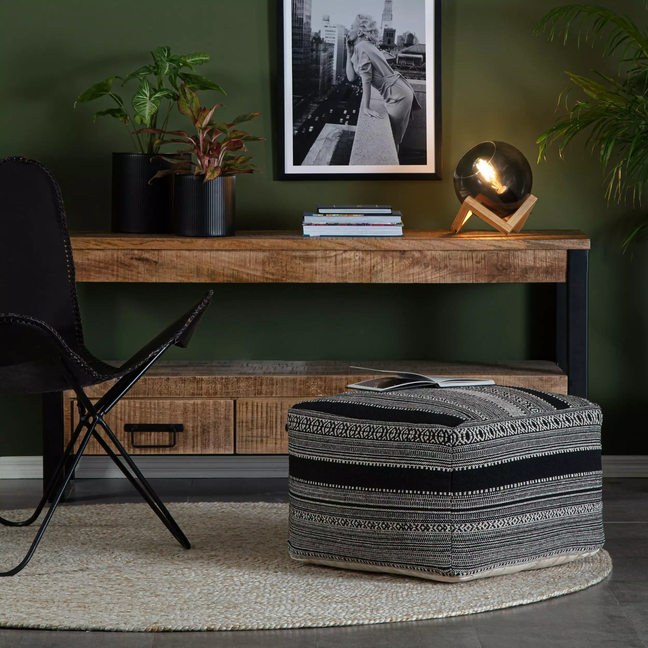 Anji Mountain Wydown 22 Square Pouf Ottoman Black & Ivory