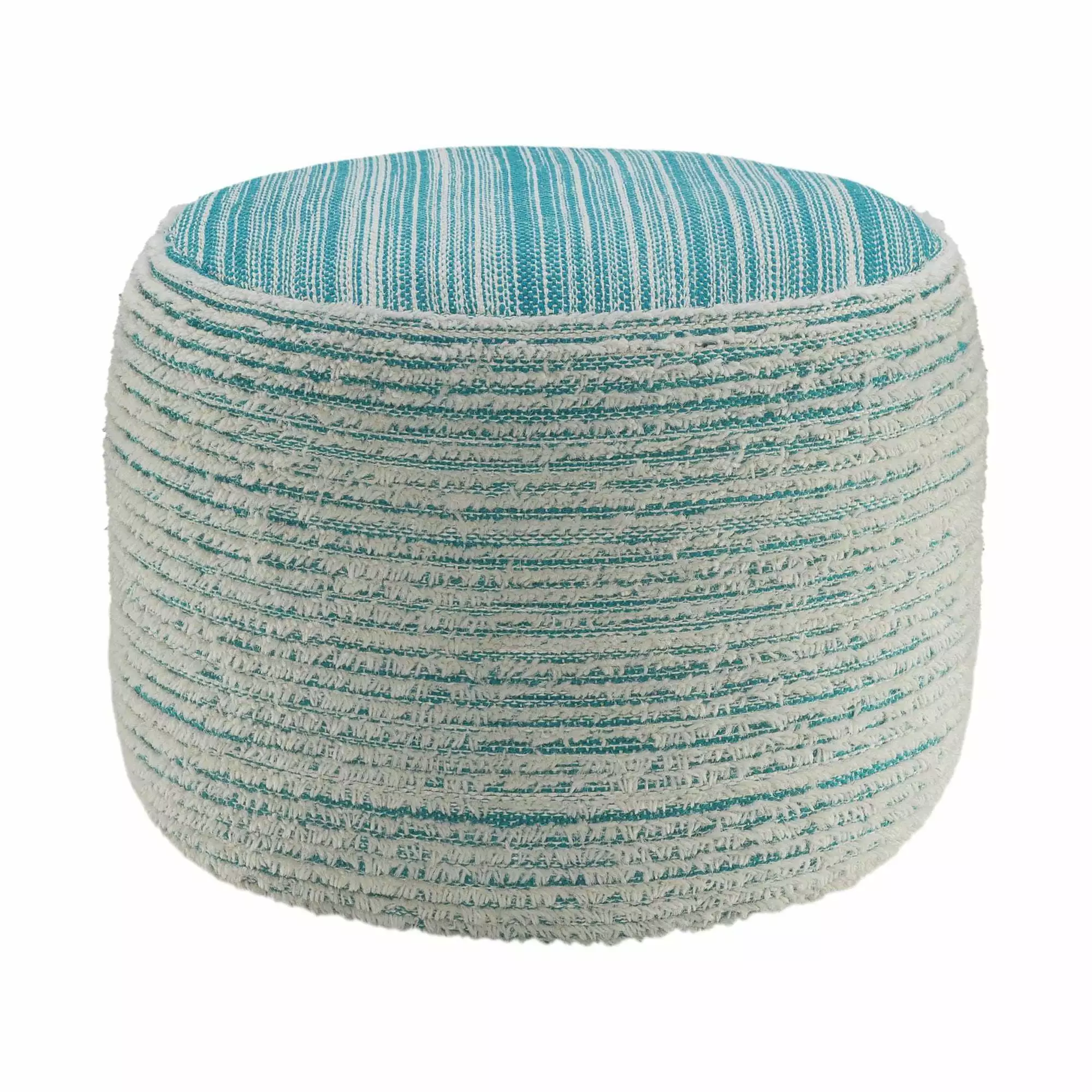Laddha Home Designs 18 Inch Aqua Blue and White Distressed Round Pouf Ottoman - Coastal Style