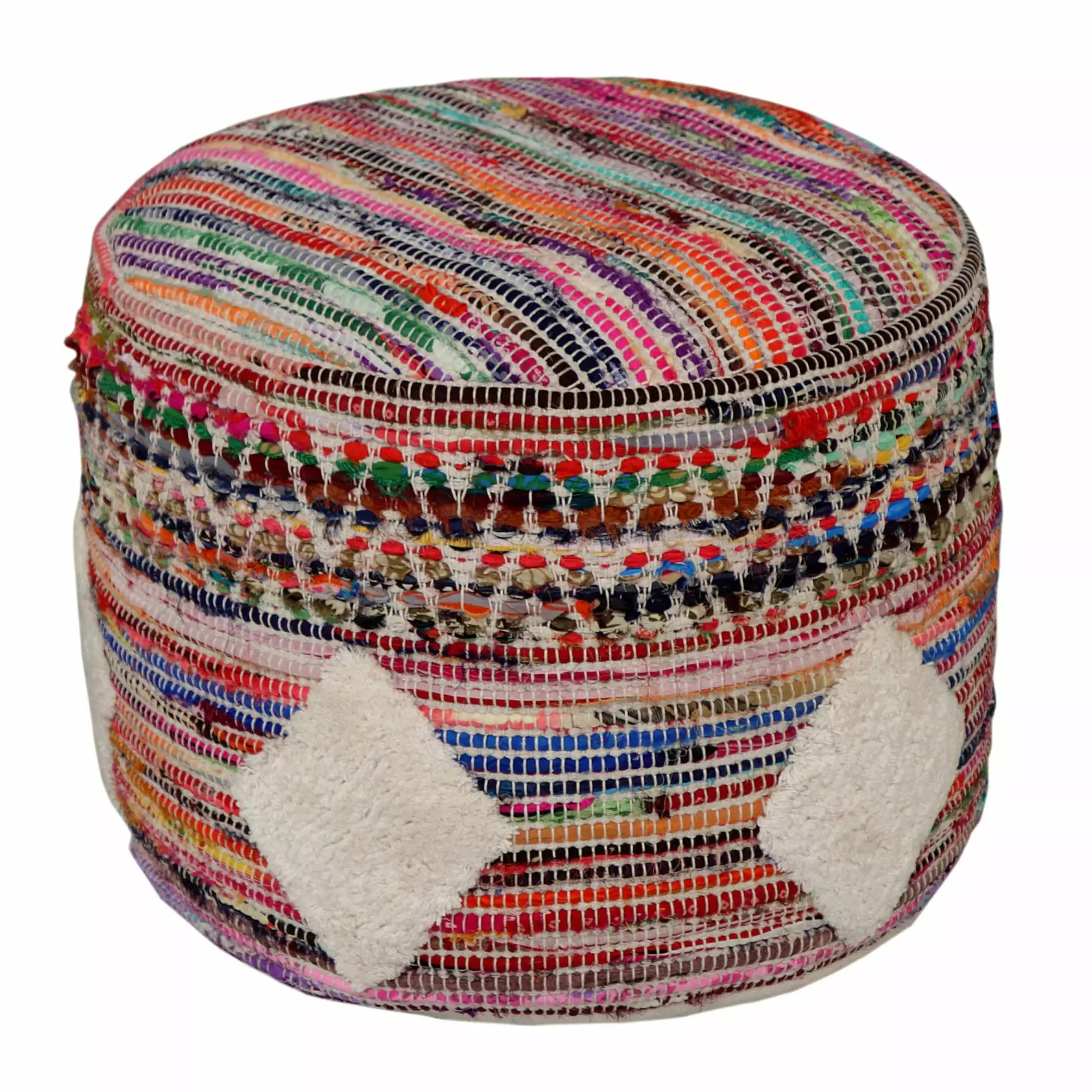 Laddha Home Designs 18 Red and Beige Geometric Boho Hand Loomed Round Pouf Ottoman