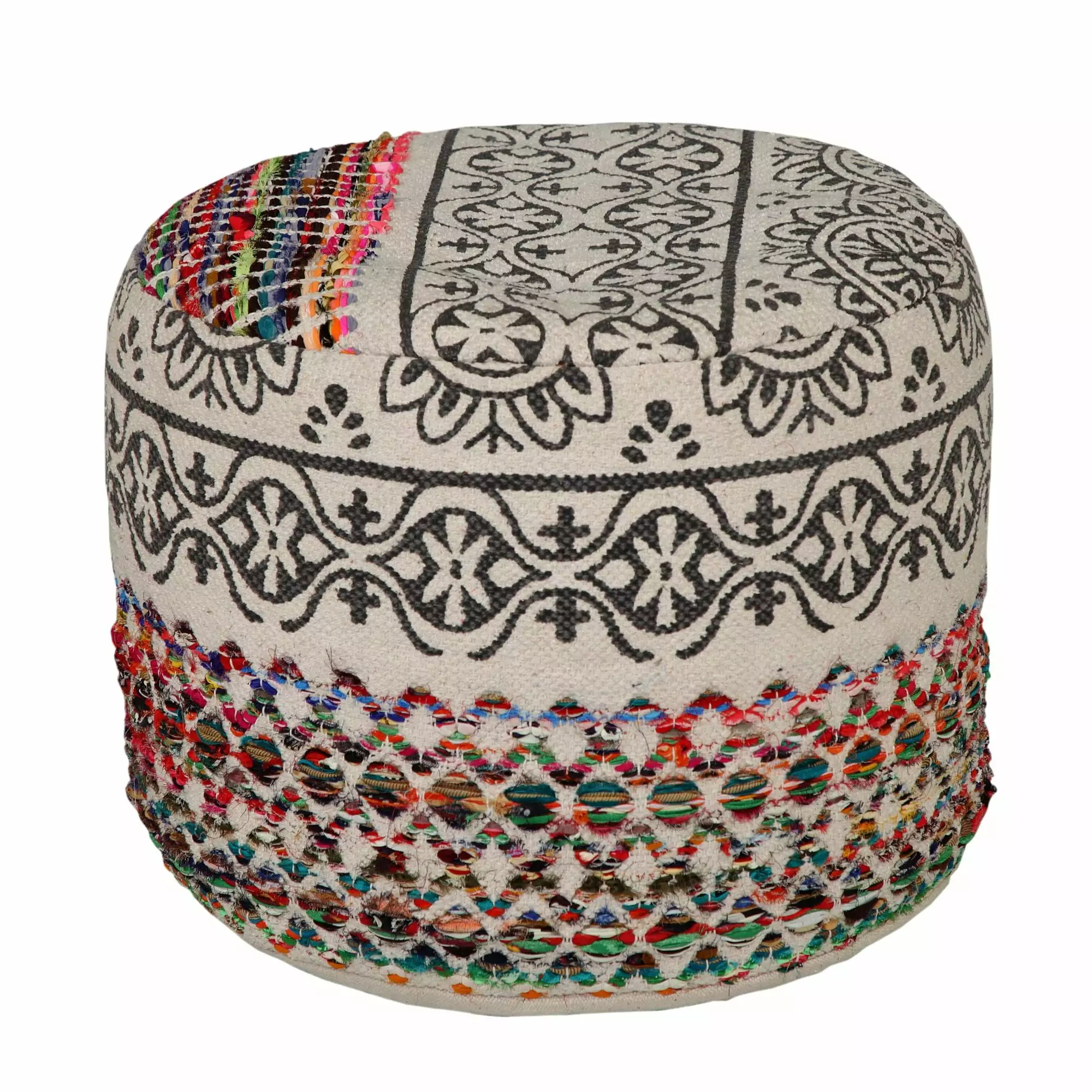 Laddha Home Designs 18 White and Black Bohemian Hand Loomed Round Pouf Ottoman