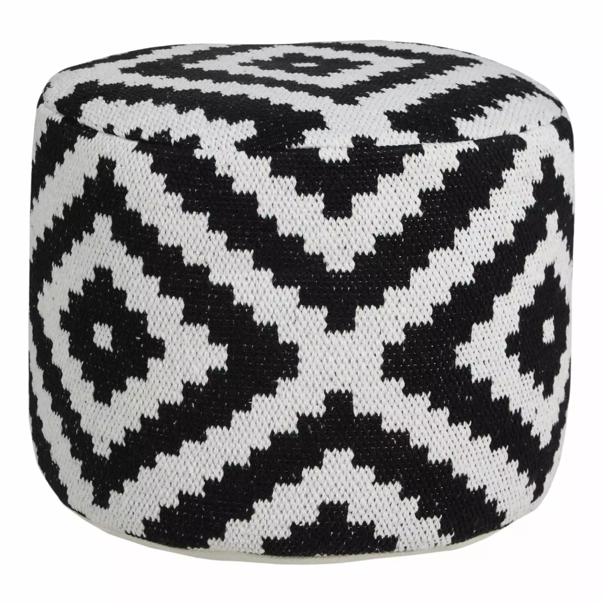 Laddha Home Designs 18 White and Black Geometric Medallion Round Pouf Ottoman