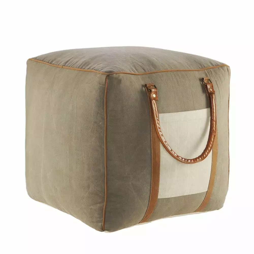 LR Home Medium Bordered Indoor Square Pouf Gray Brown 20 x 20 x 20 Inches