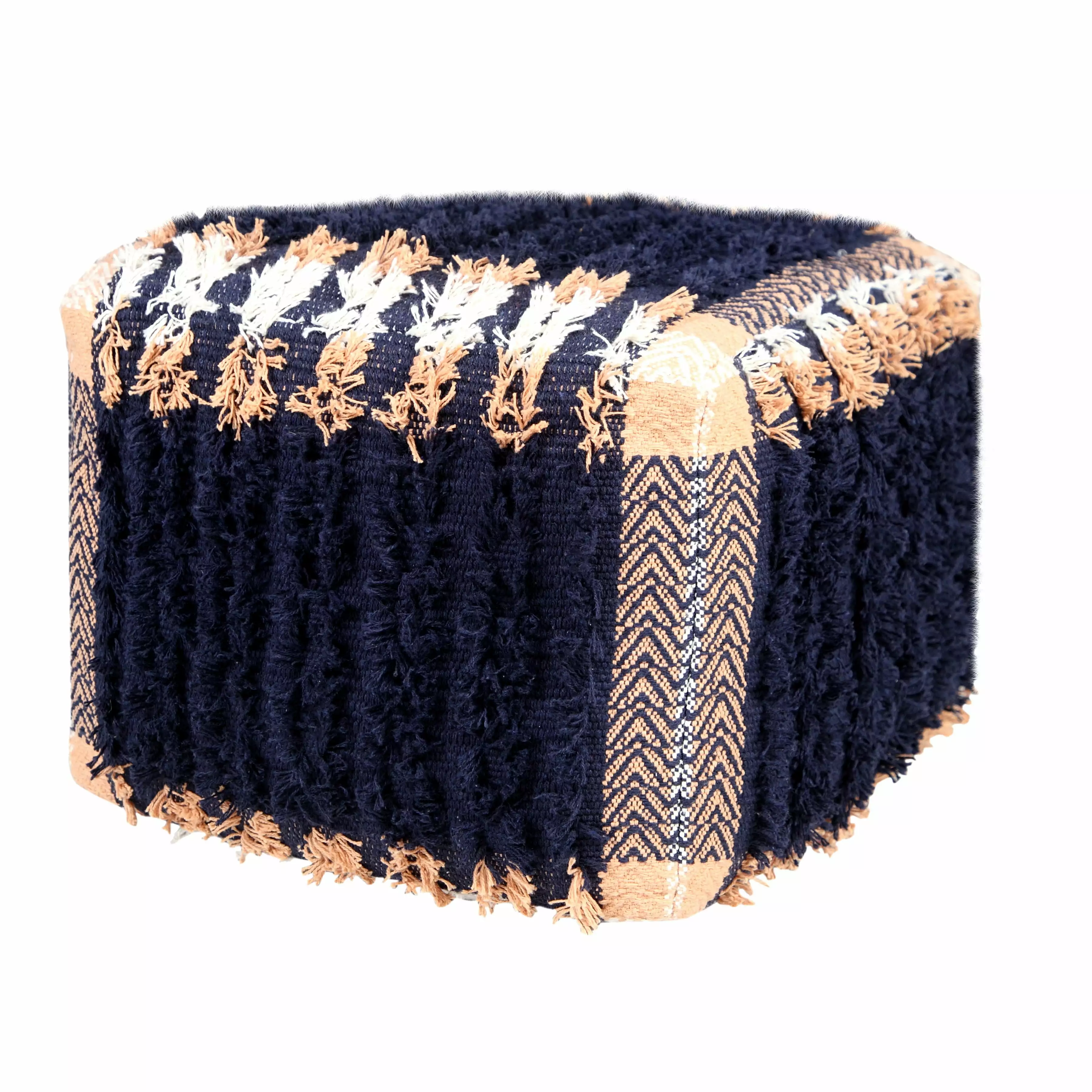 LR Home Small Fringe Geometric Indoor Square Pouf Navy Peach 18 x 18 x 14 Inches
