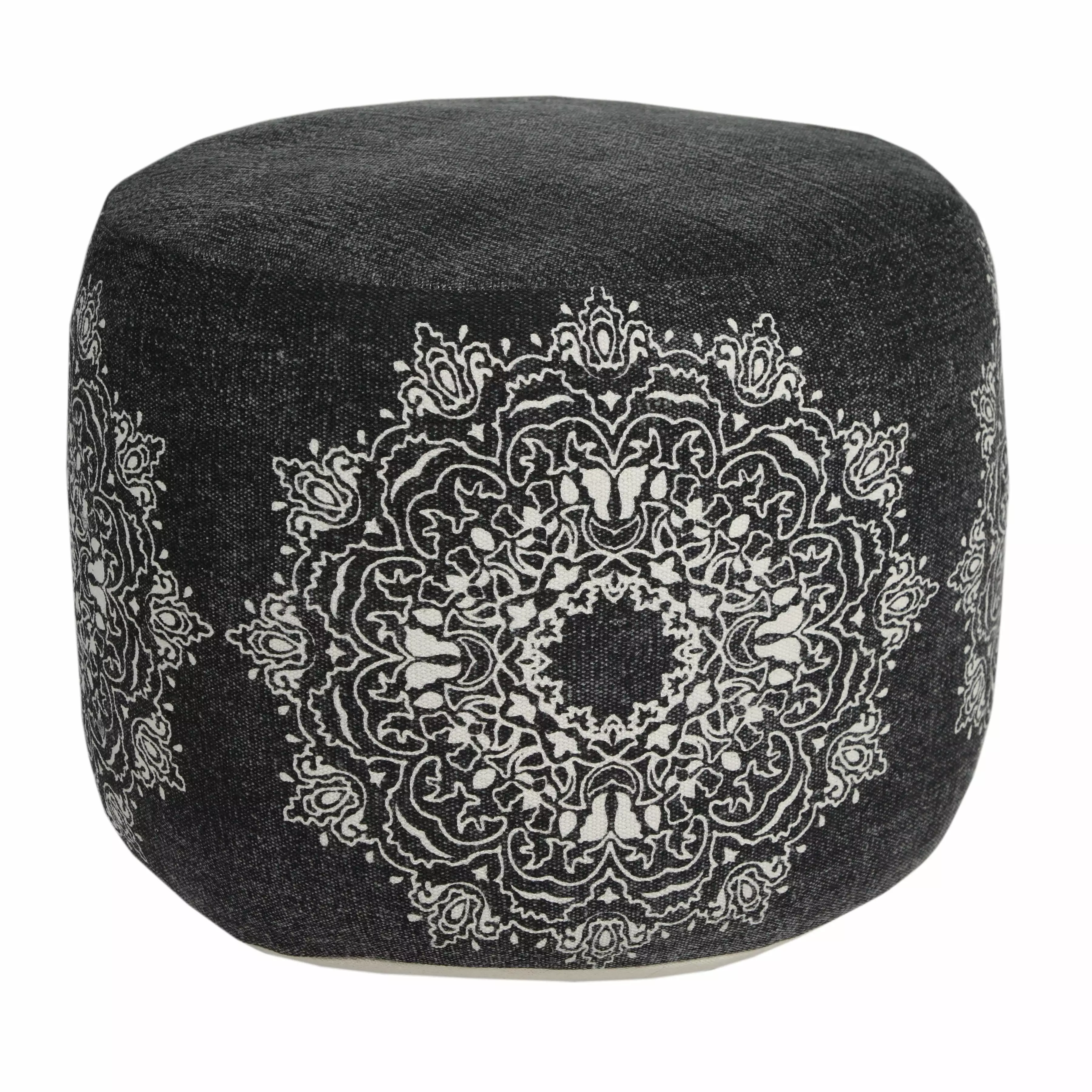 LR Home Small Medallion Indoor Round Pouf Black White 18 x 18 x 14 Inches
