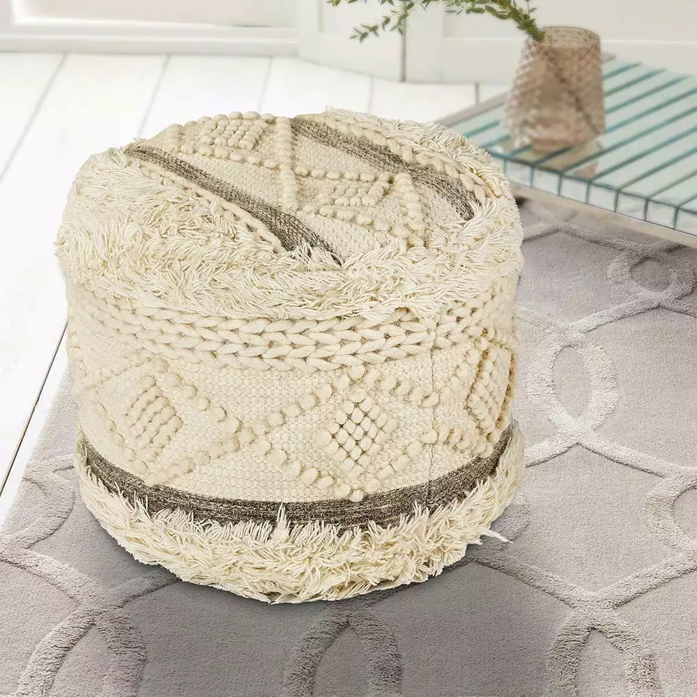LR Home Small Over-tufted Geometric Indoor Round Pouf Cream Gray 18 x 18 x 14 Inches