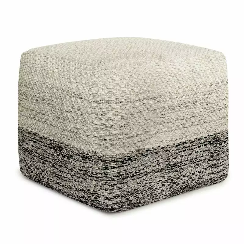 Simpli Home Macie Boho Square Woven Pouf Gray and White Recycled PET Polyester
