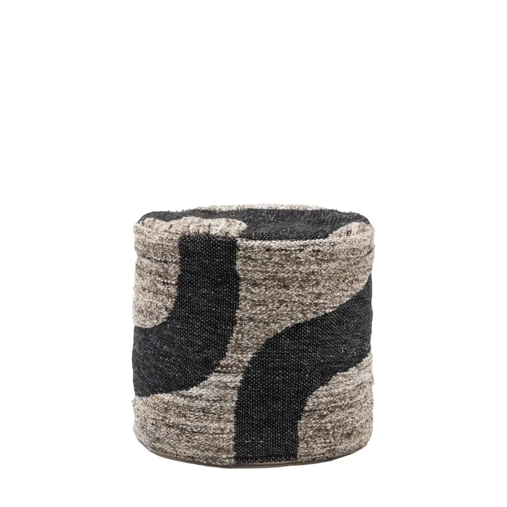 Bergen Mono Graphic Drum Pouffe - Jet-black & Grey | Rustic Finish