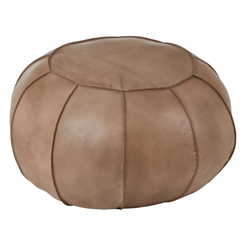 Carved Wood Buffalo Leather Pouffe - Grey