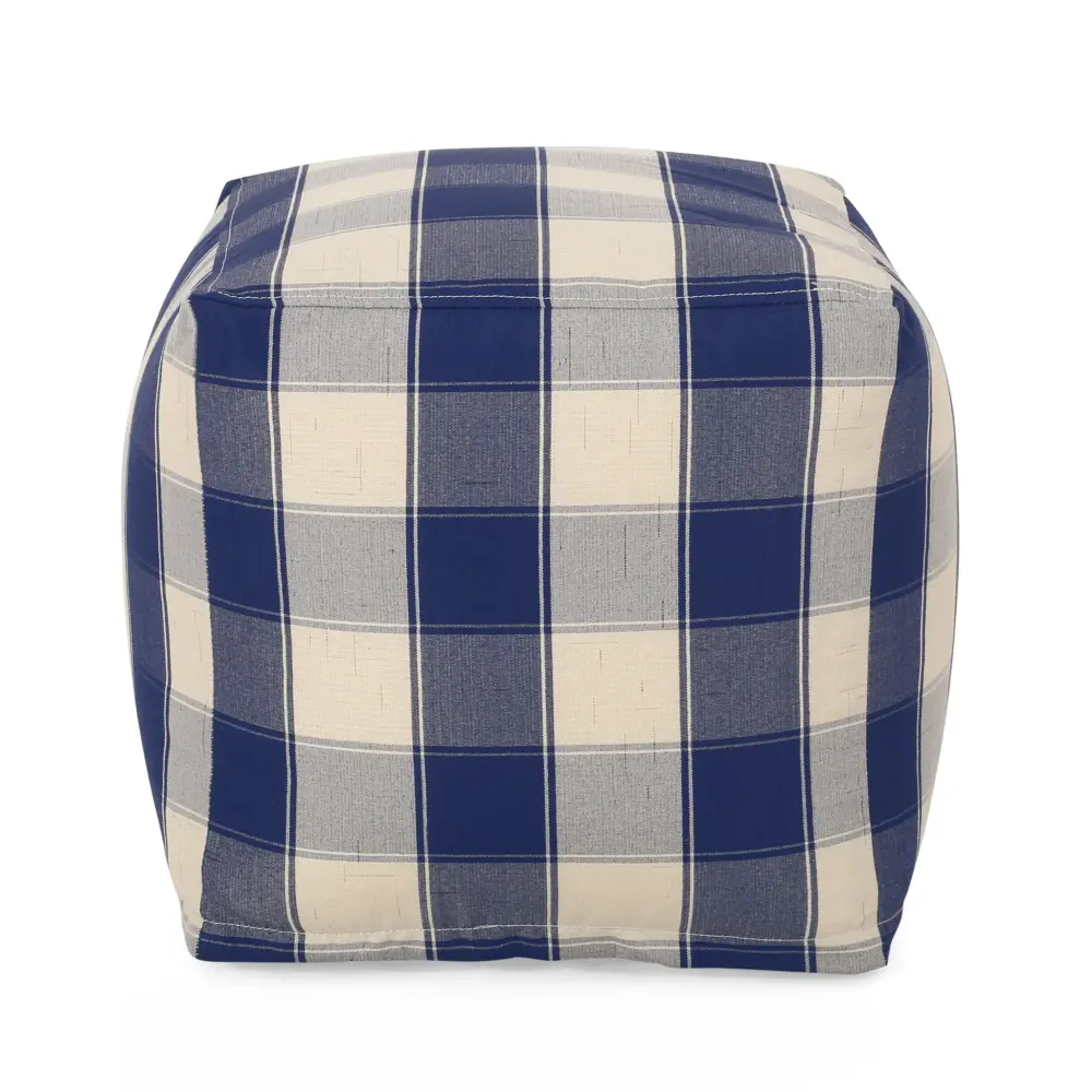 Mid-Century Modern Connor - Checkered Square Pouf Ottoman And Floor Cushion - Ivory / Sapphire