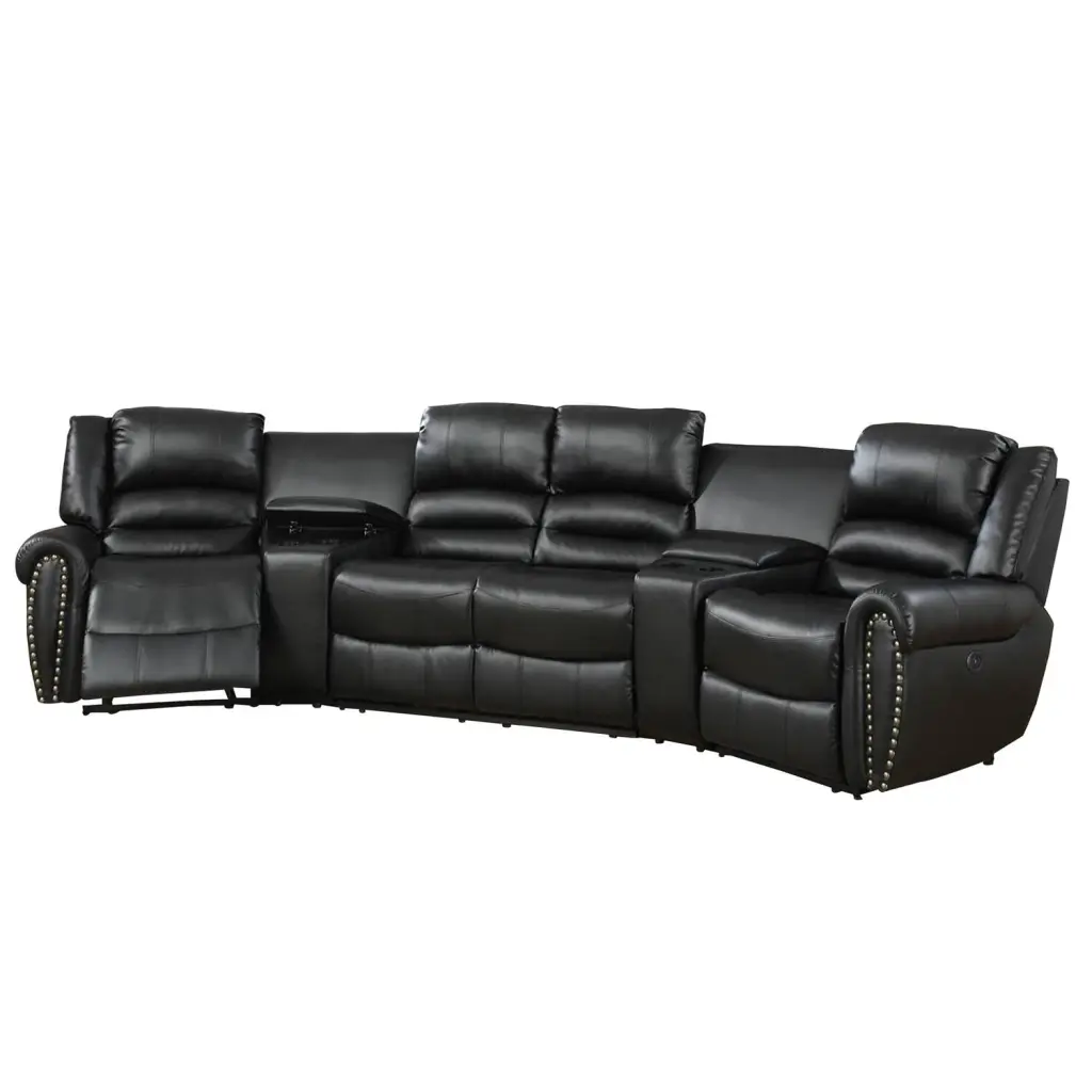 Benjara Zib Power Reclining Sectional Sofa Set USB Port Bonded Leather Jet Black