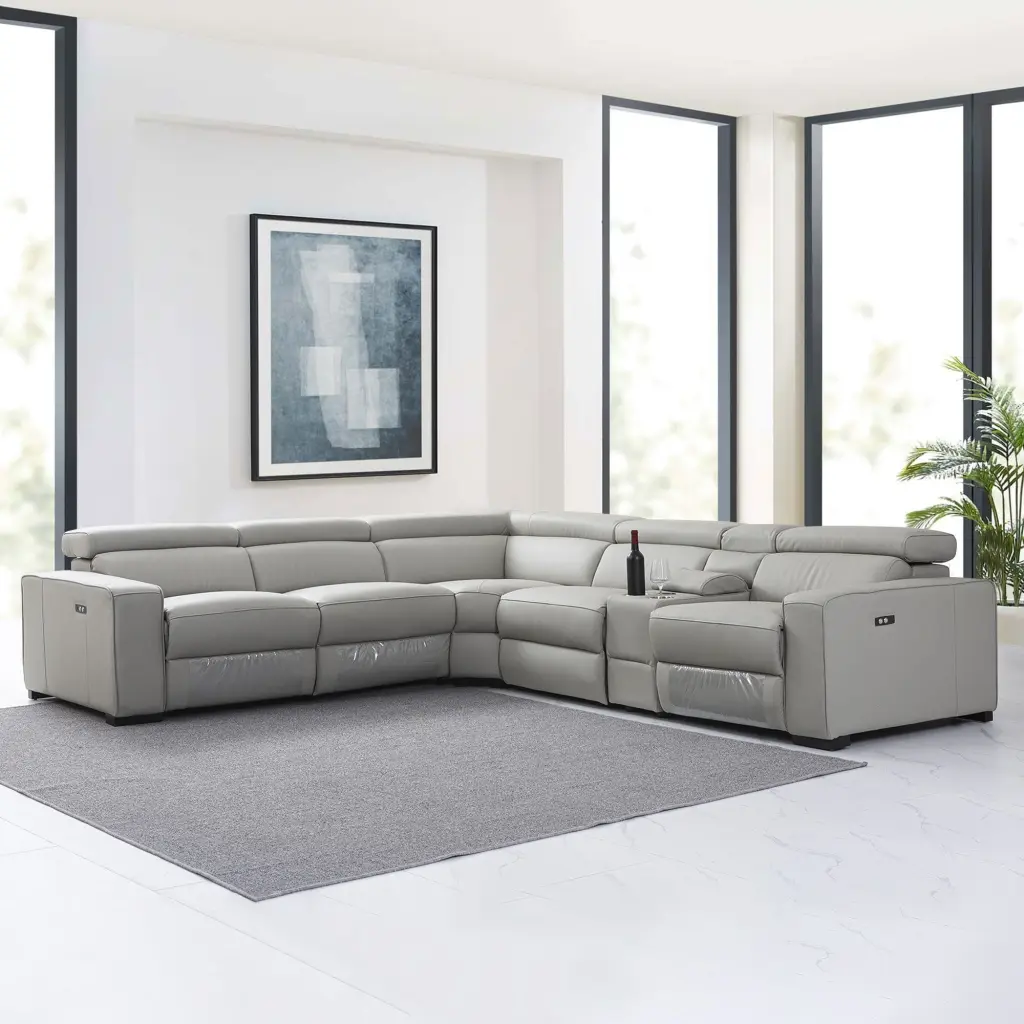 LOTUS Light Grey Top Grain Leather Sectional Power Recliners and Storage Console Mofit Home