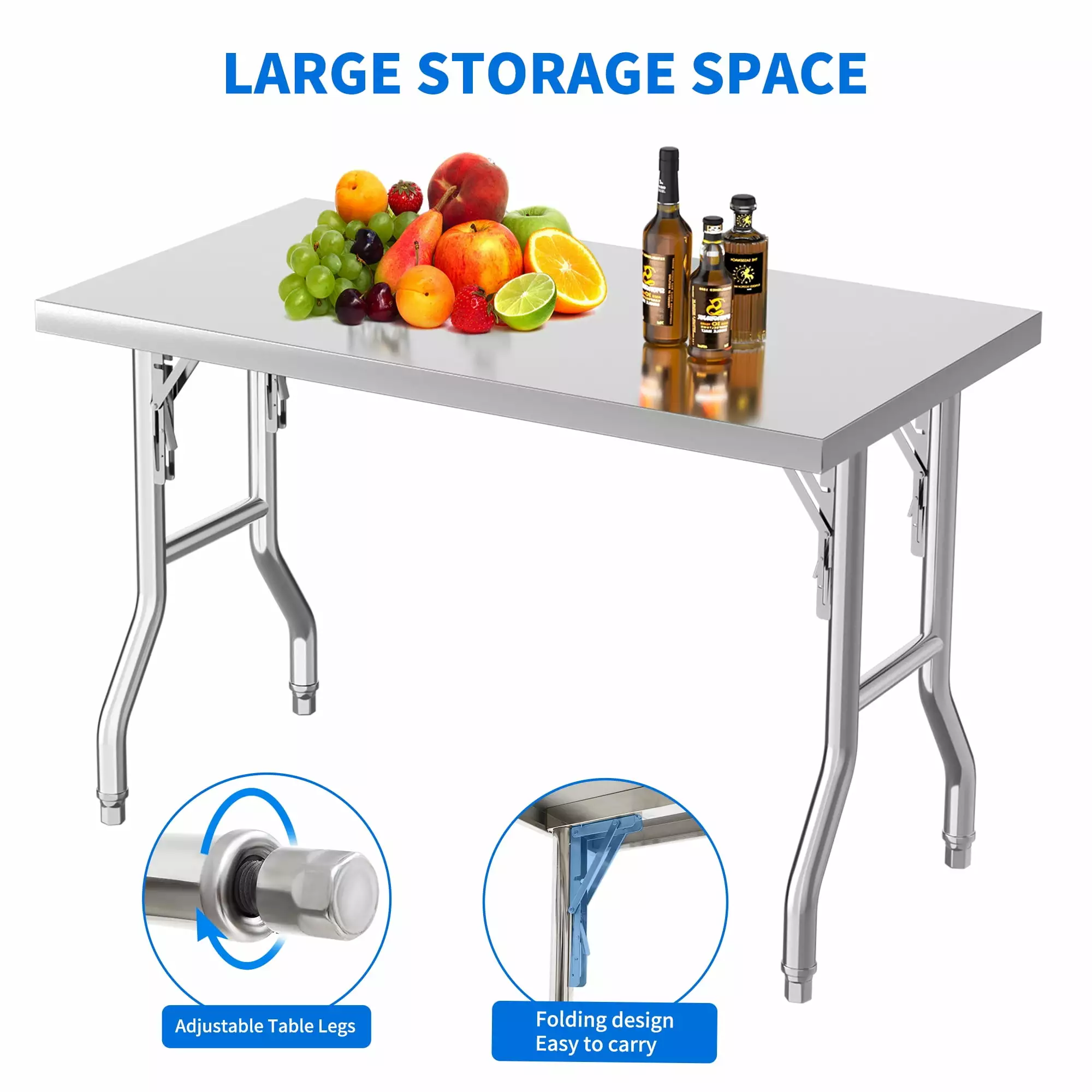 Dextrus Stainless Steel Folding Table 48 x 24 Inches - Foldable Prep Table Kitchen Restaurant