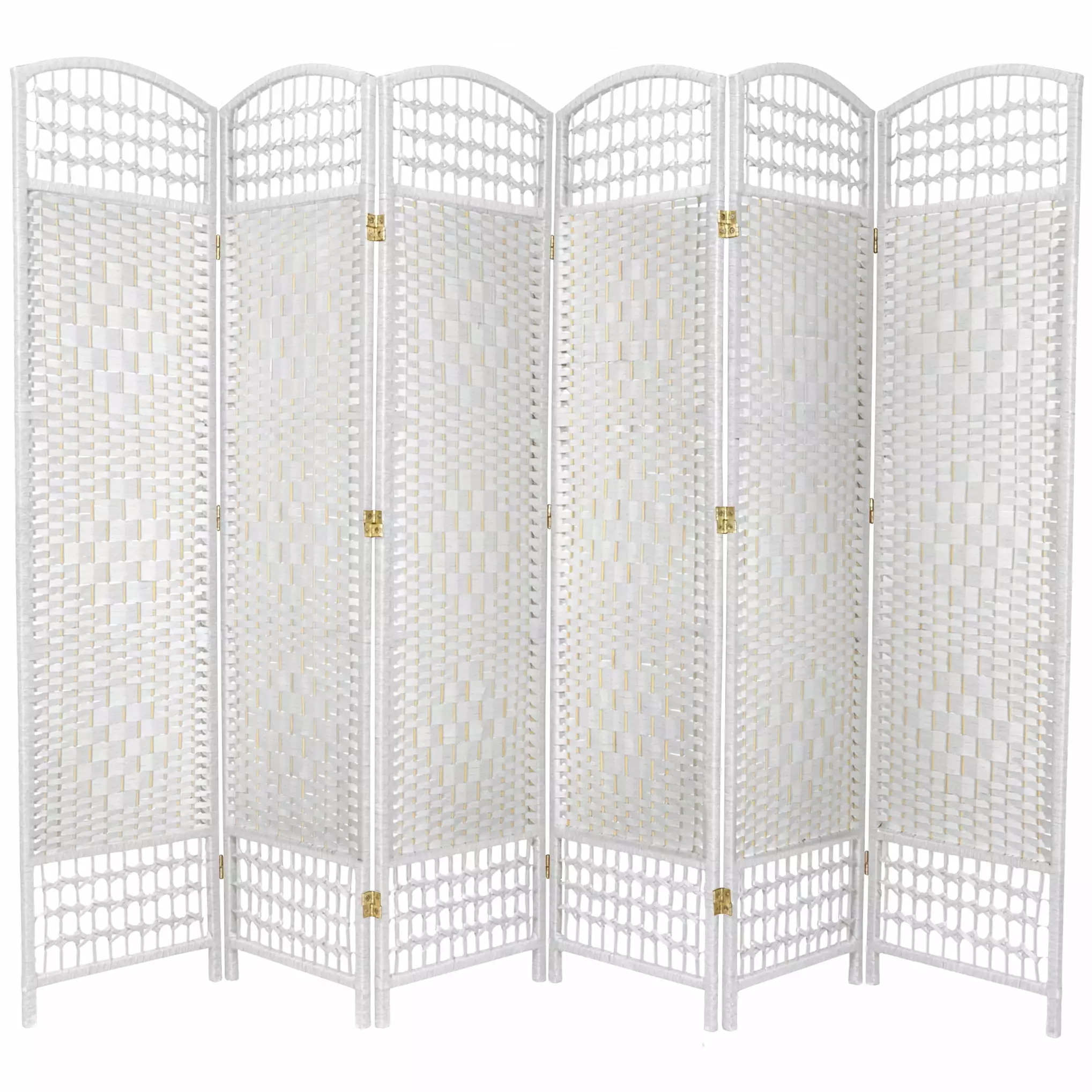 5.5 ft Tall White Faux Rattan Privacy Screen Room Divider - 6 Panel Freestanding Partition Oriental Furniture
