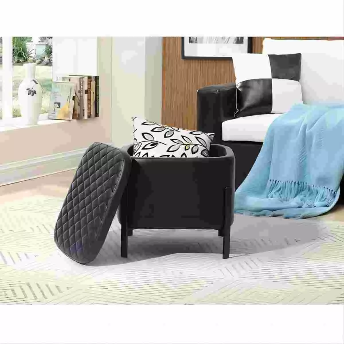 DeeHome Black Square Upholstered Modern PU Storage Pouf Ottoman Ottomans