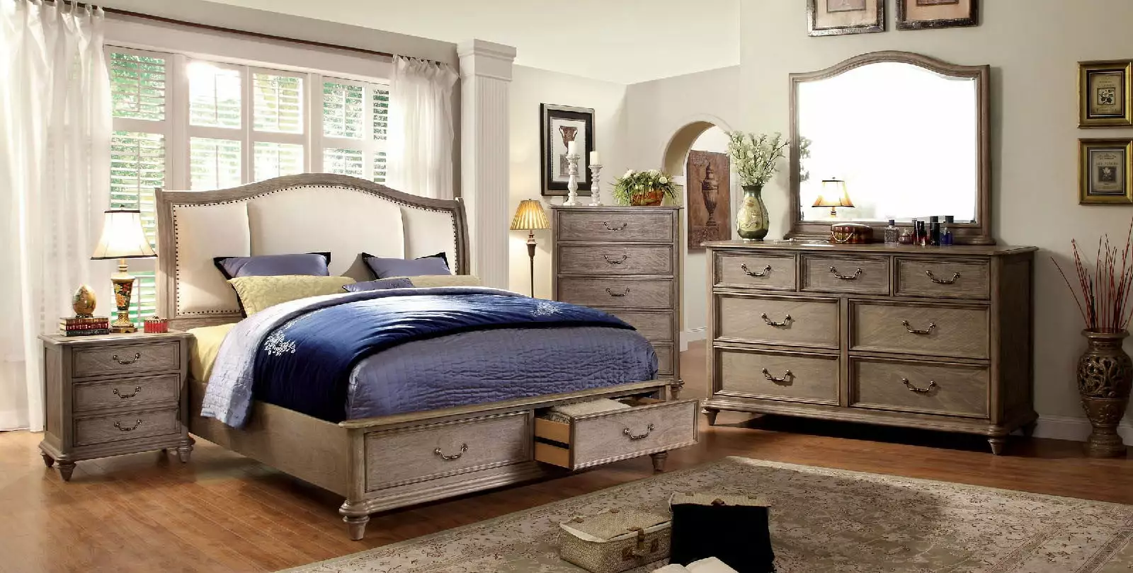 Antique Modern 4pc Queen Size Bedroom Set Padded Fabric Headboard Storage Platform Bed Dresser Mirror and Nightstand Esofa...