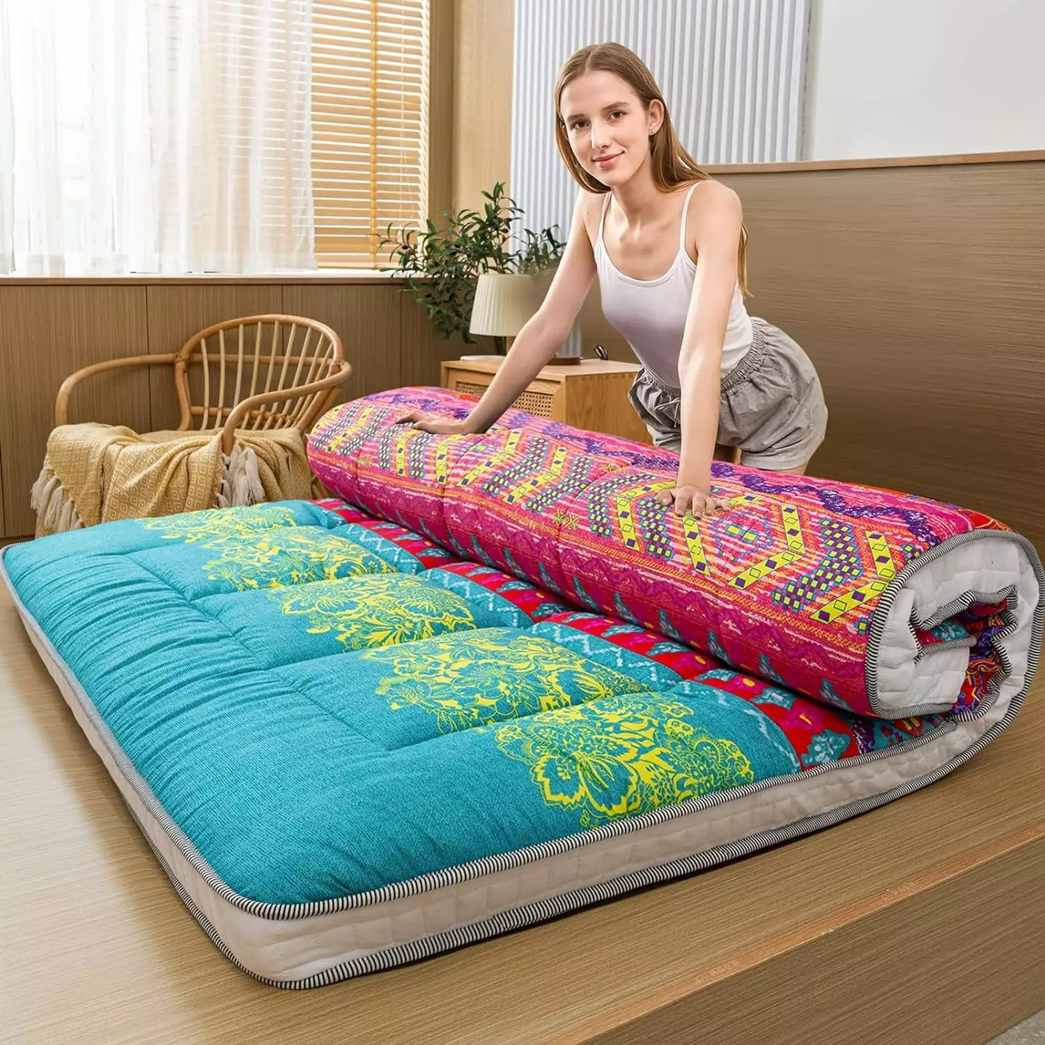 FJU Queen Size Japanese Futon Bed Portable Foldable Mattress Bohemian Style Tatami Mattress Futons