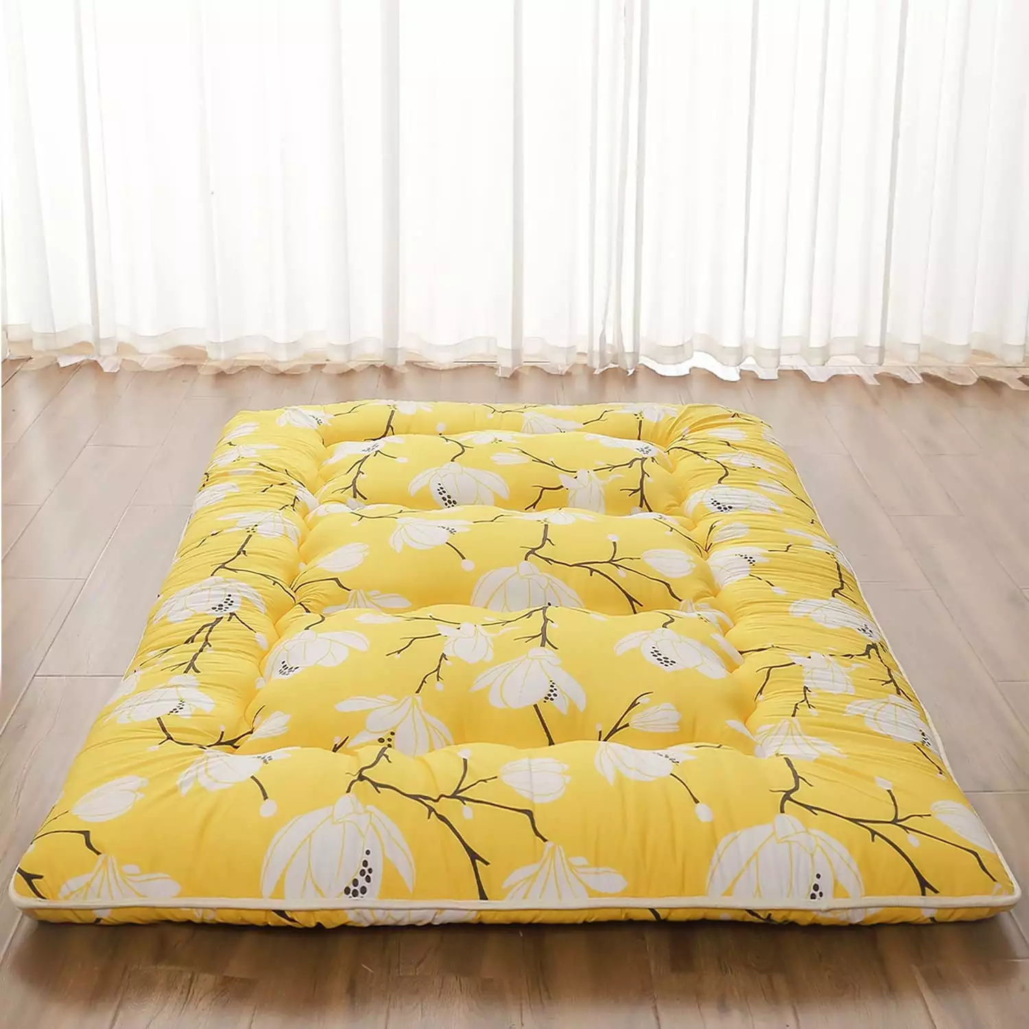 Japanese Floor Mattress Queen Size Portable Roll Up Thick Tatami Mattress Storage Bag Yellow Flower Futons FJU